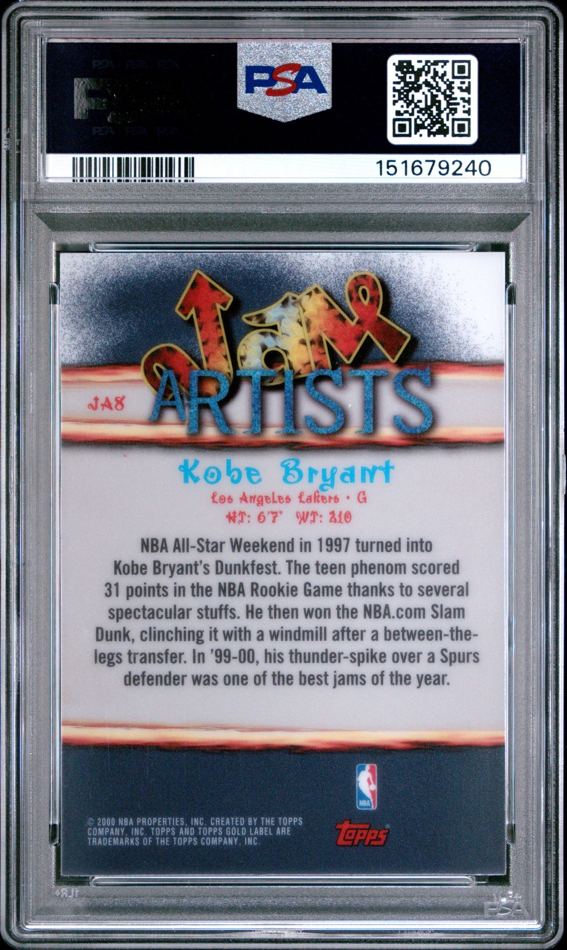 2000 Topps Gold Label Jam Artists Kobe Bryant #Ja8 (Jam Artists) Mint 9 back