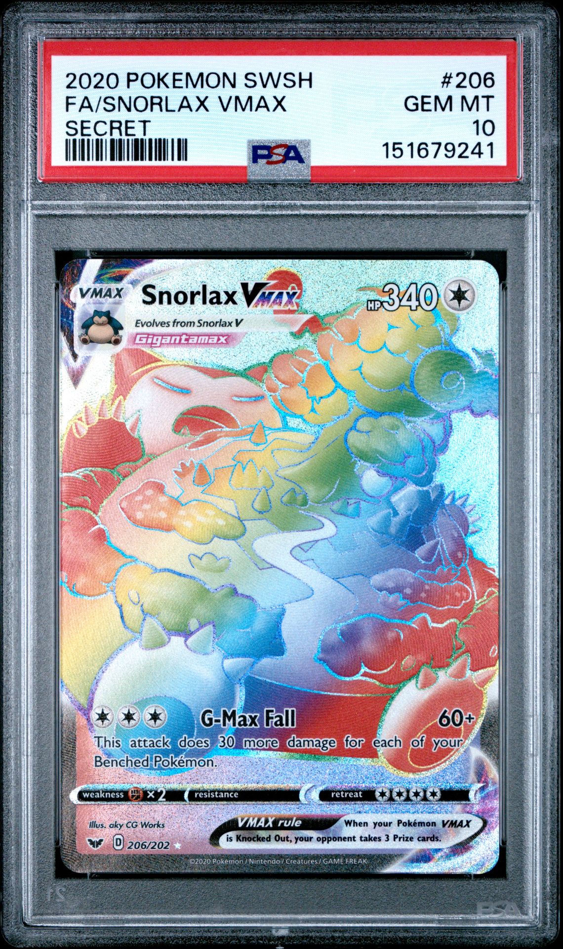 2020 Pokemon Sword & Shield Fa/Snorlax Vmax #206 (Secret) Gem Mt 10 front view - PSA graded GEM MT 10