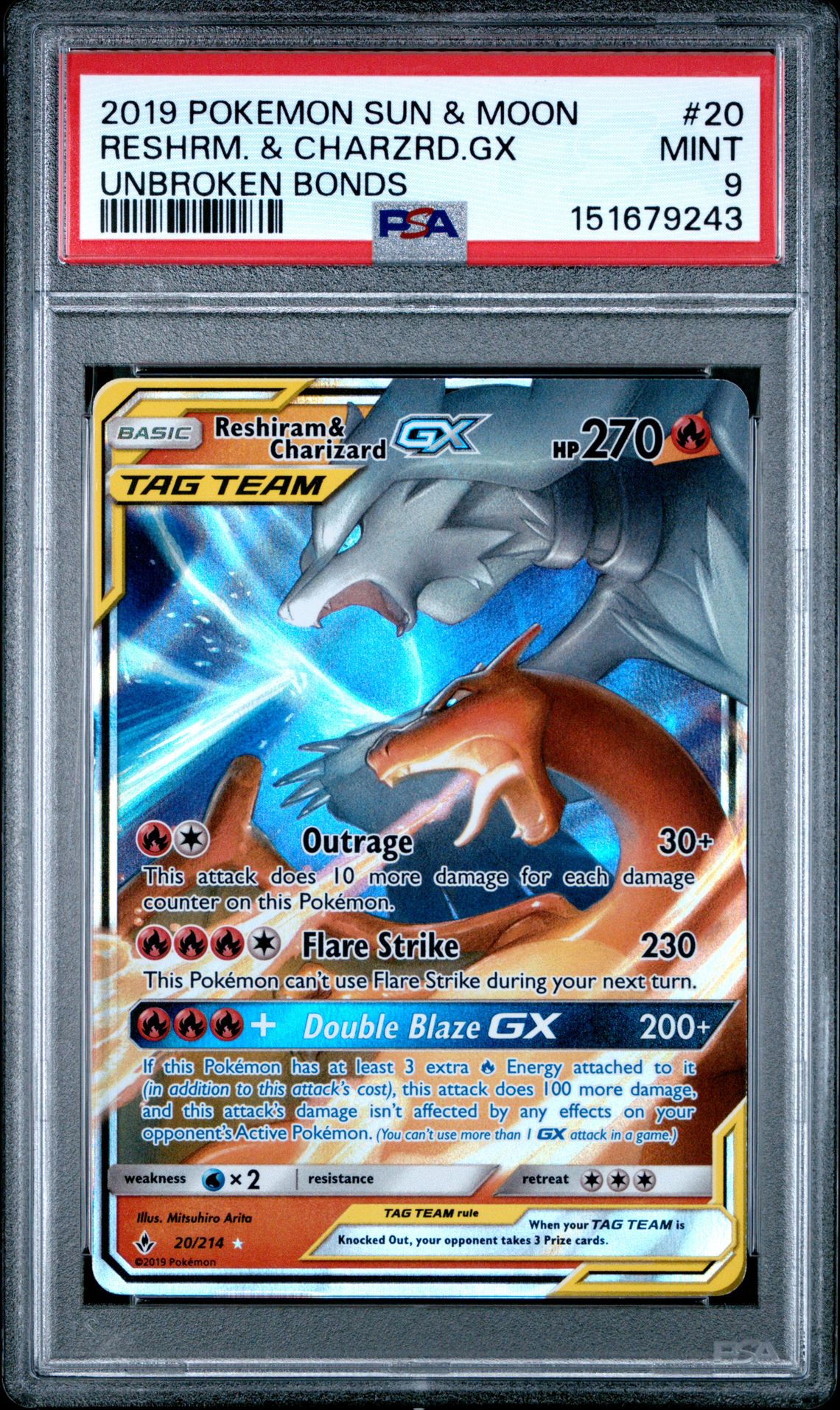 2019 Pokemon Sun & Moon Unbroken Bonds Reshrm. & Charzrd.gx #20 (Unbroken Bonds) Mint 9 front