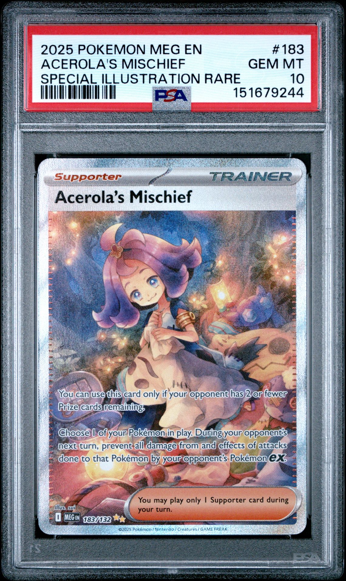 2025 Pokemon Meg En-Mega Evolution Acerola's Mischief #183 (Special Illustration Rare) Gem Mt 10 front view - PSA graded GEM MT 10