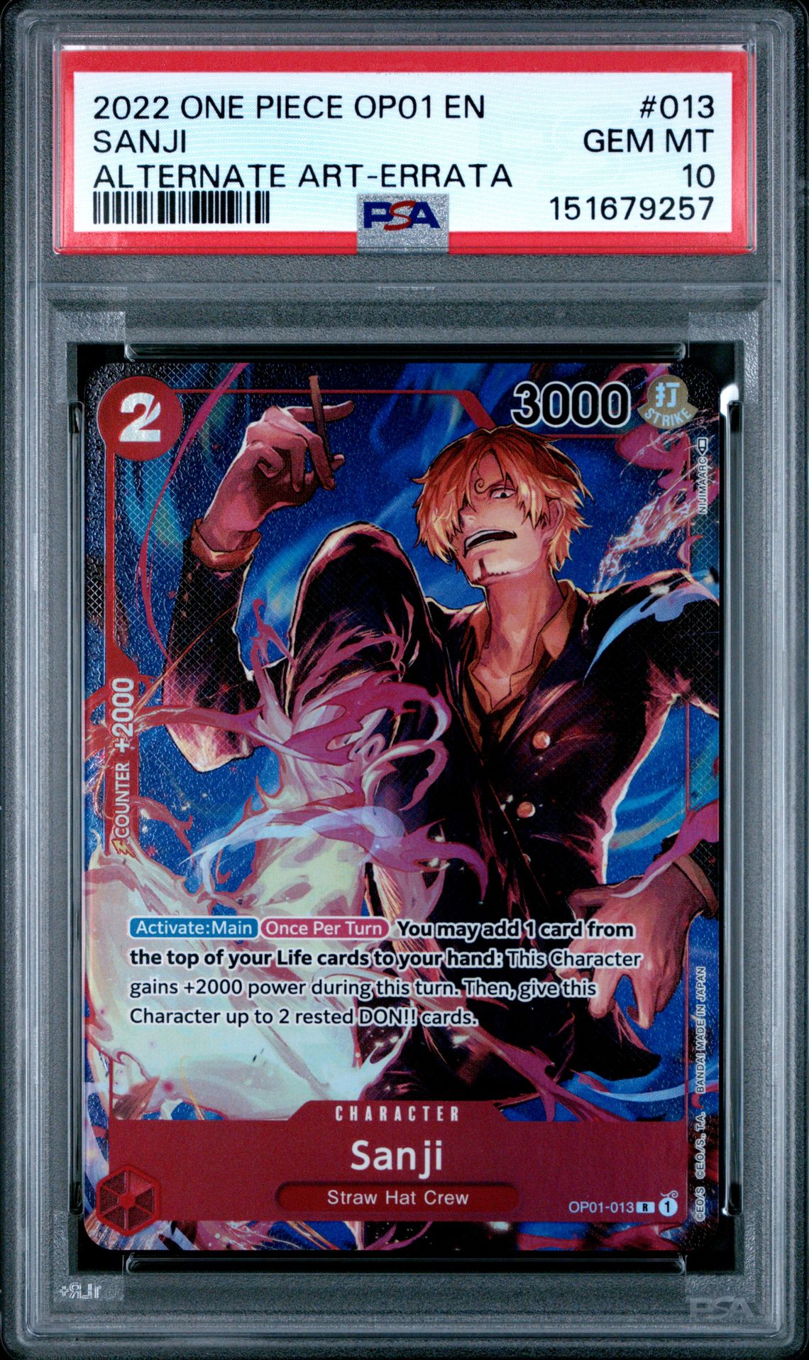 2022 One Piece Op01-Romance Dawn Sanji #013 (Alternate Art-Errata) Gem Mt 10 front