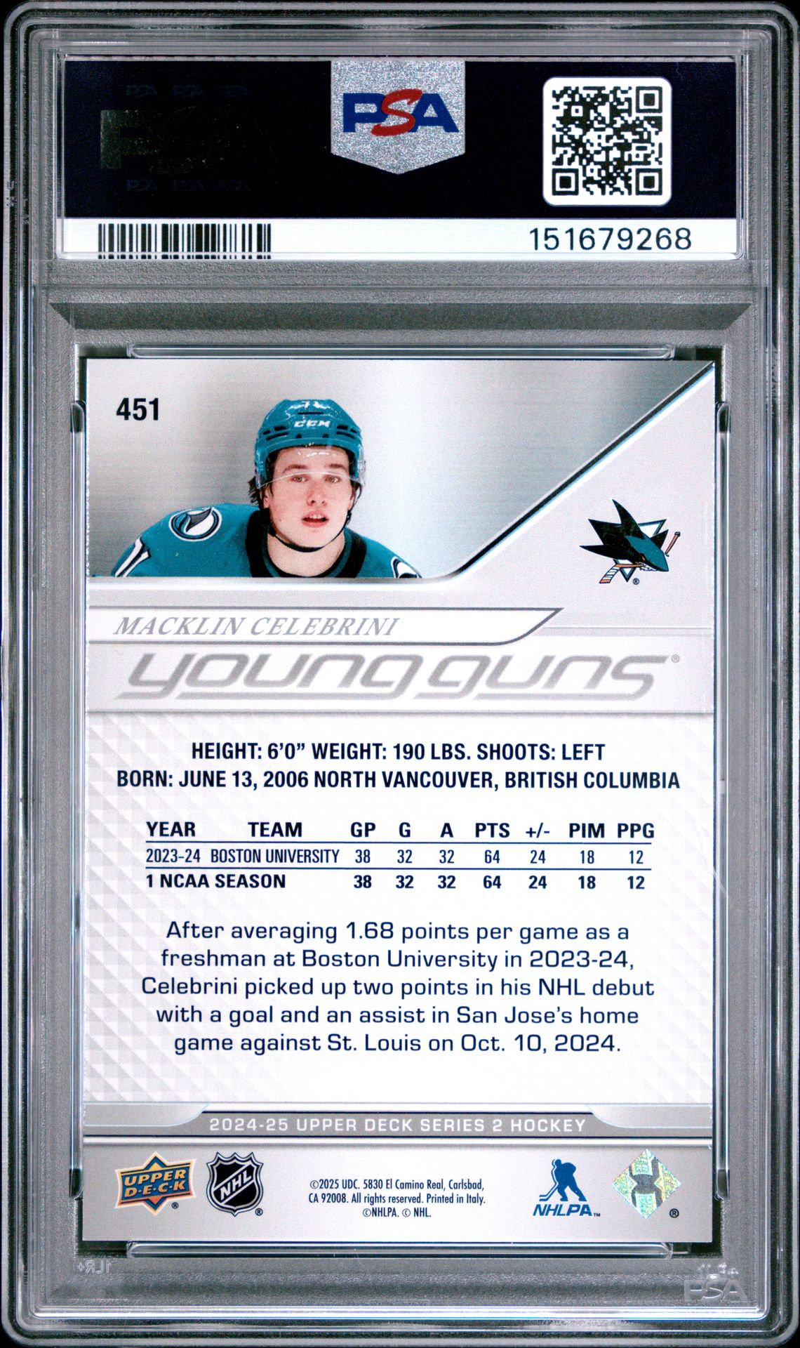 2024 Upper Deck Macklin Celebrini #451 Mint 9 back