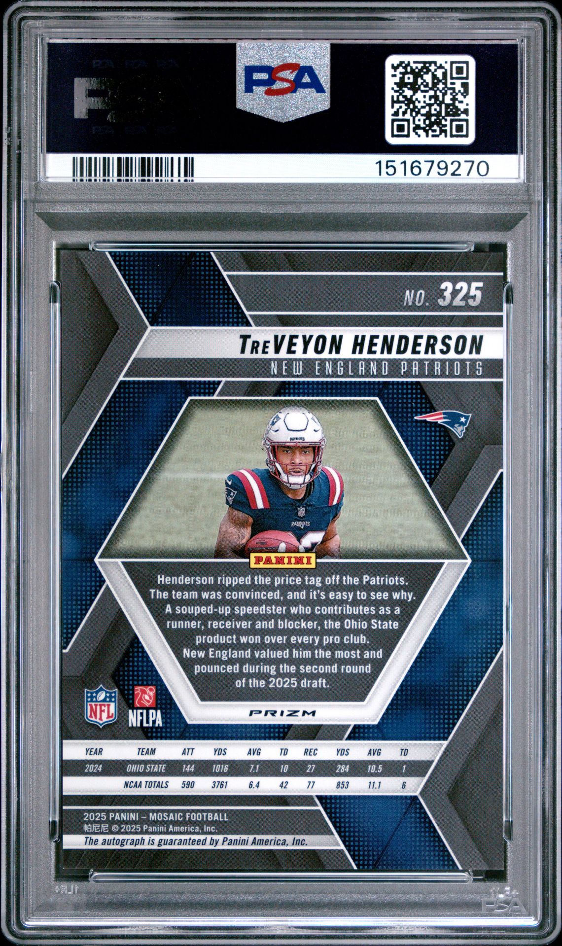 2025 Panini Mosaic Treveyon Henderson #325 (Auto-Fusion Red & Ylw Choice) Mint 9 back