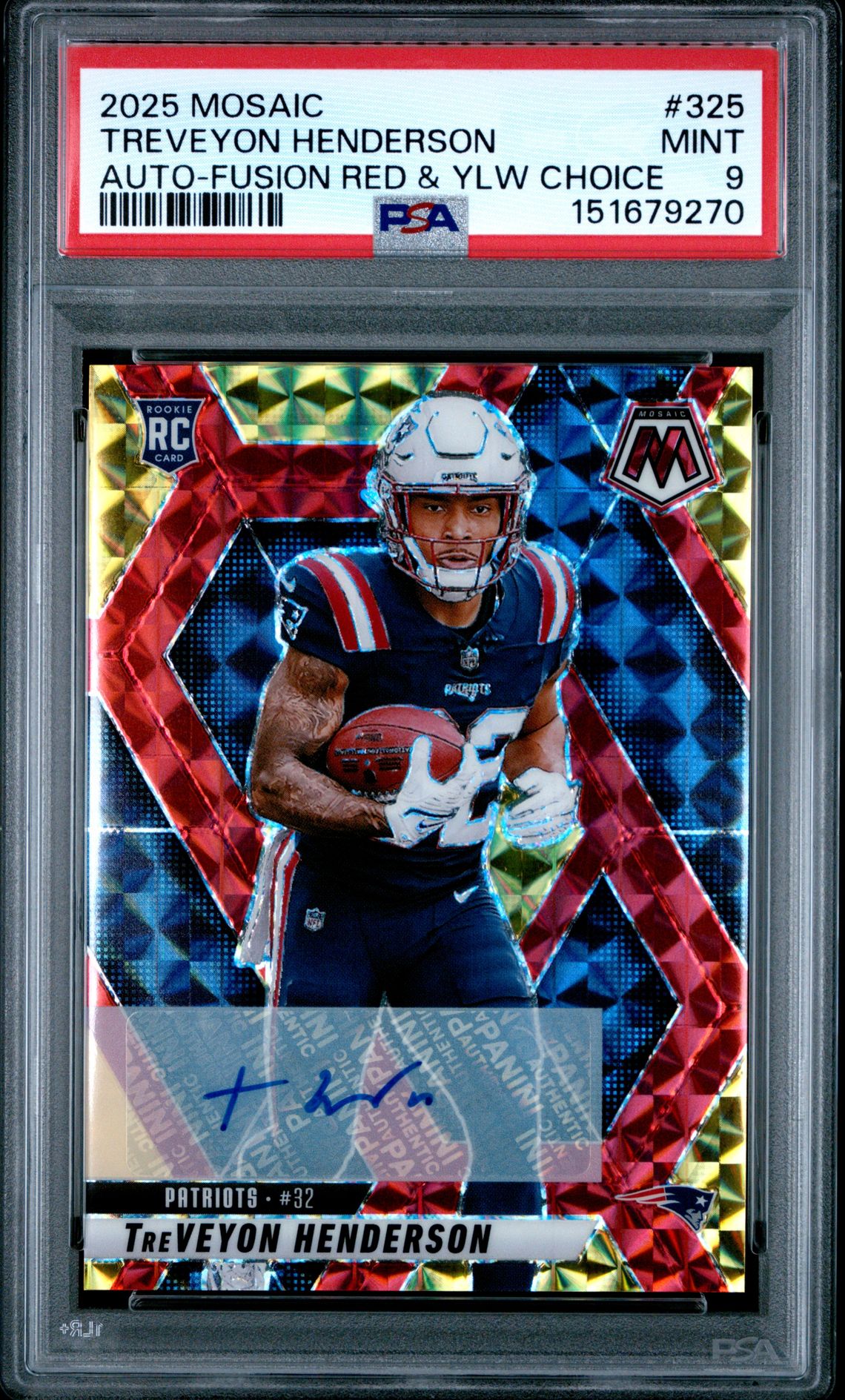 2025 Panini Mosaic Treveyon Henderson #325 (Auto-Fusion Red & Ylw Choice) Mint 9 front