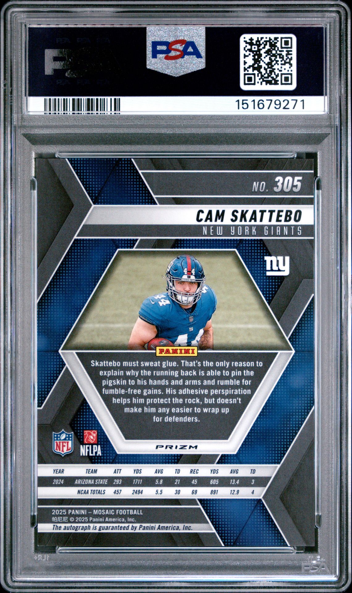 2025 Panini Mosaic Cam Skattebo #305 (Auto-Fusion Red & Ylw Choice) Mint 9 back