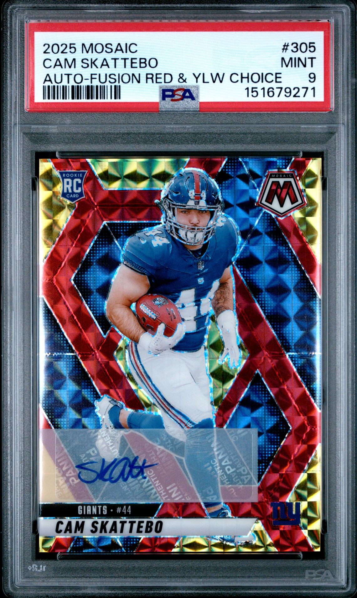 2025 Panini Mosaic Cam Skattebo #305 (Auto-Fusion Red & Ylw Choice) Mint 9 front