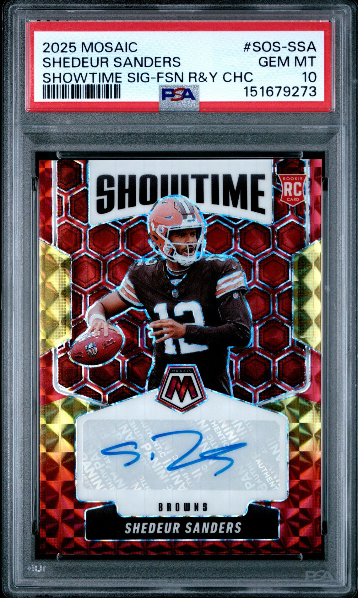 2025 Panini Mosaic Showtime Signatures Shedeur Sanders #Sos-Ssa (Showtime Sig-Fsn R&Y Chc) Gem Mt 10 front view - PSA graded GEM MT 10