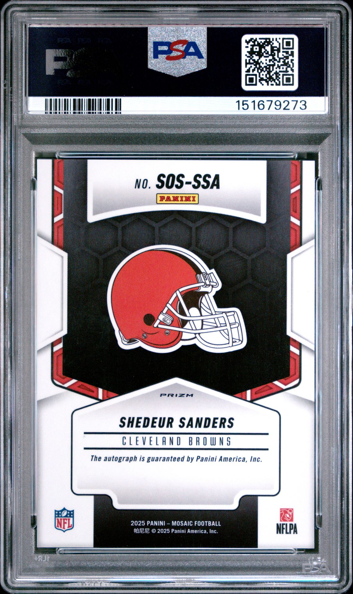 2025 Panini Mosaic Showtime Signatures Shedeur Sanders #Sos-Ssa (Showtime Sig-Fsn R&Y Chc) Gem Mt 10 back view - PSA certificate #151679273