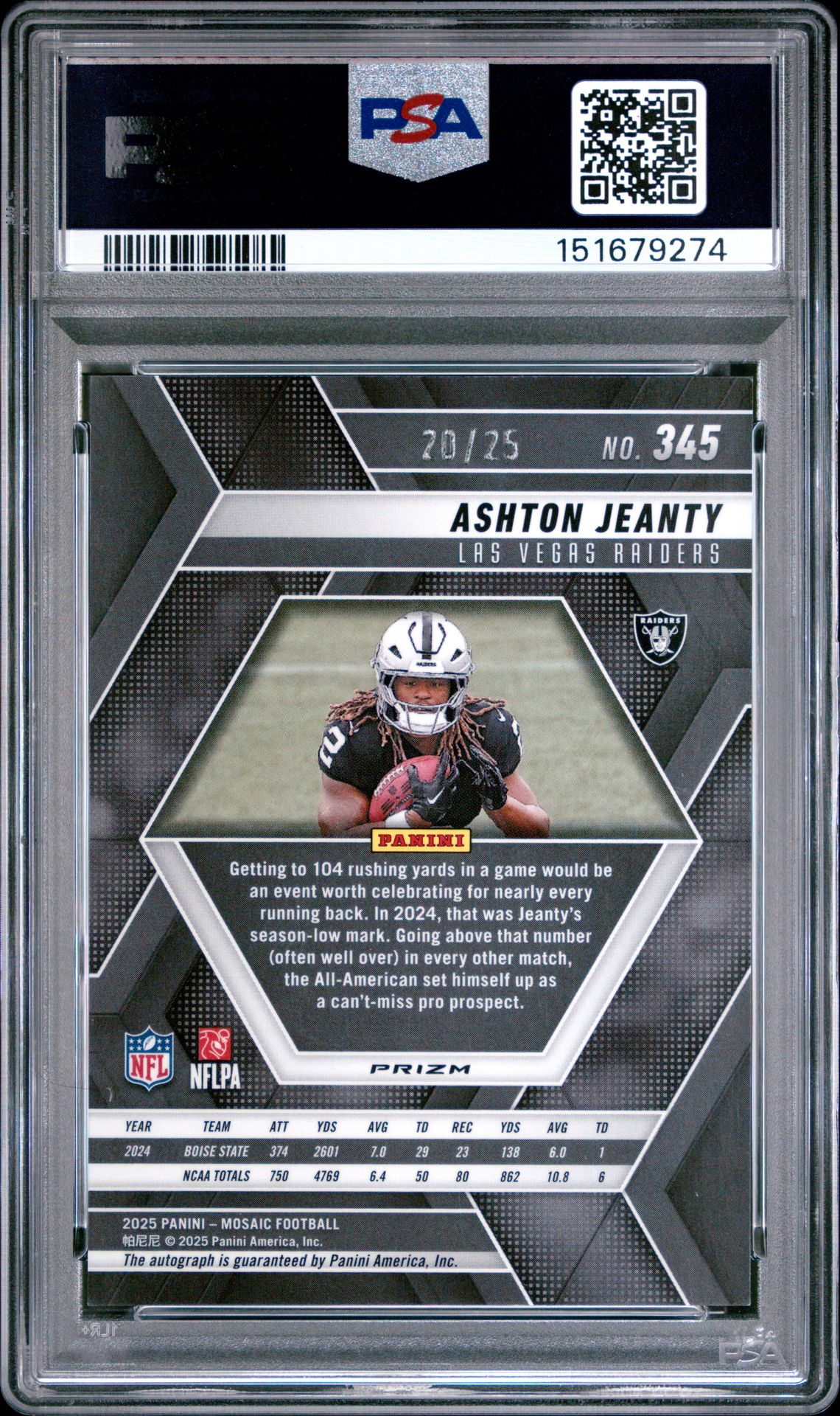 2025 Panini Mosaic Ashton Jeanty #345 (Auto-Fusion Grn & Blk Choice) Mint 9 back