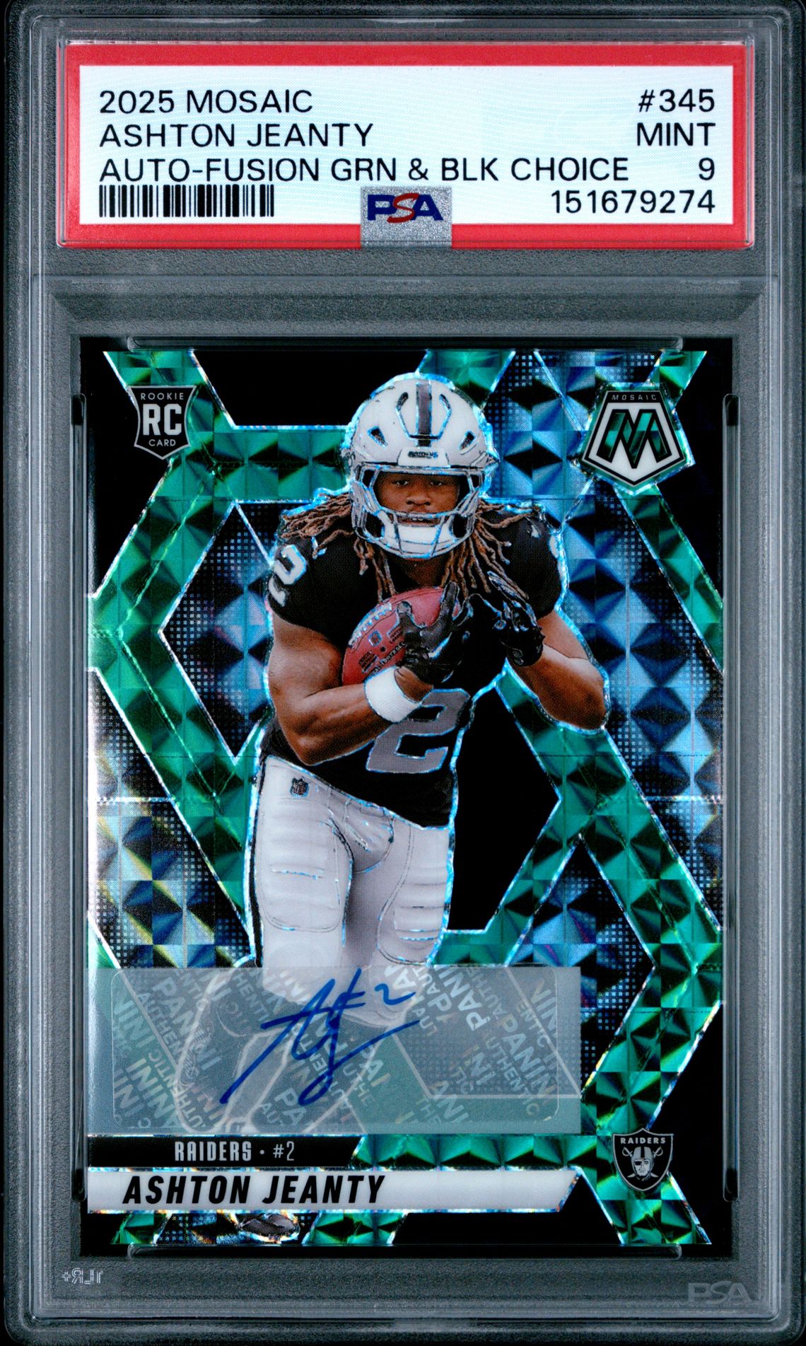 2025 Panini Mosaic Ashton Jeanty #345 (Auto-Fusion Grn & Blk Choice) Mint 9 front