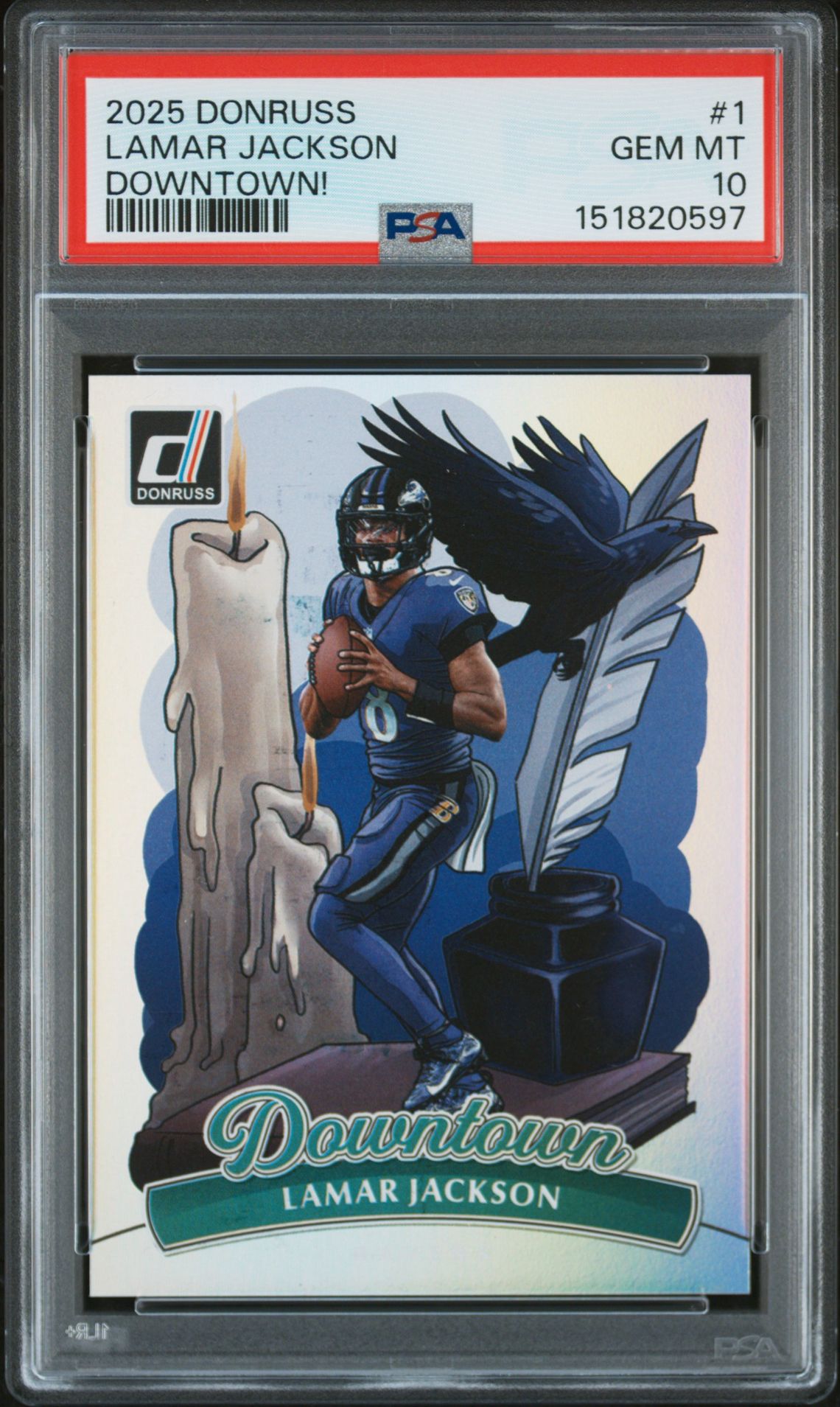 2025 Panini Donruss Downtown Lamar Jackson #1 Gem Mt 10 front view - PSA graded GEM MT 10