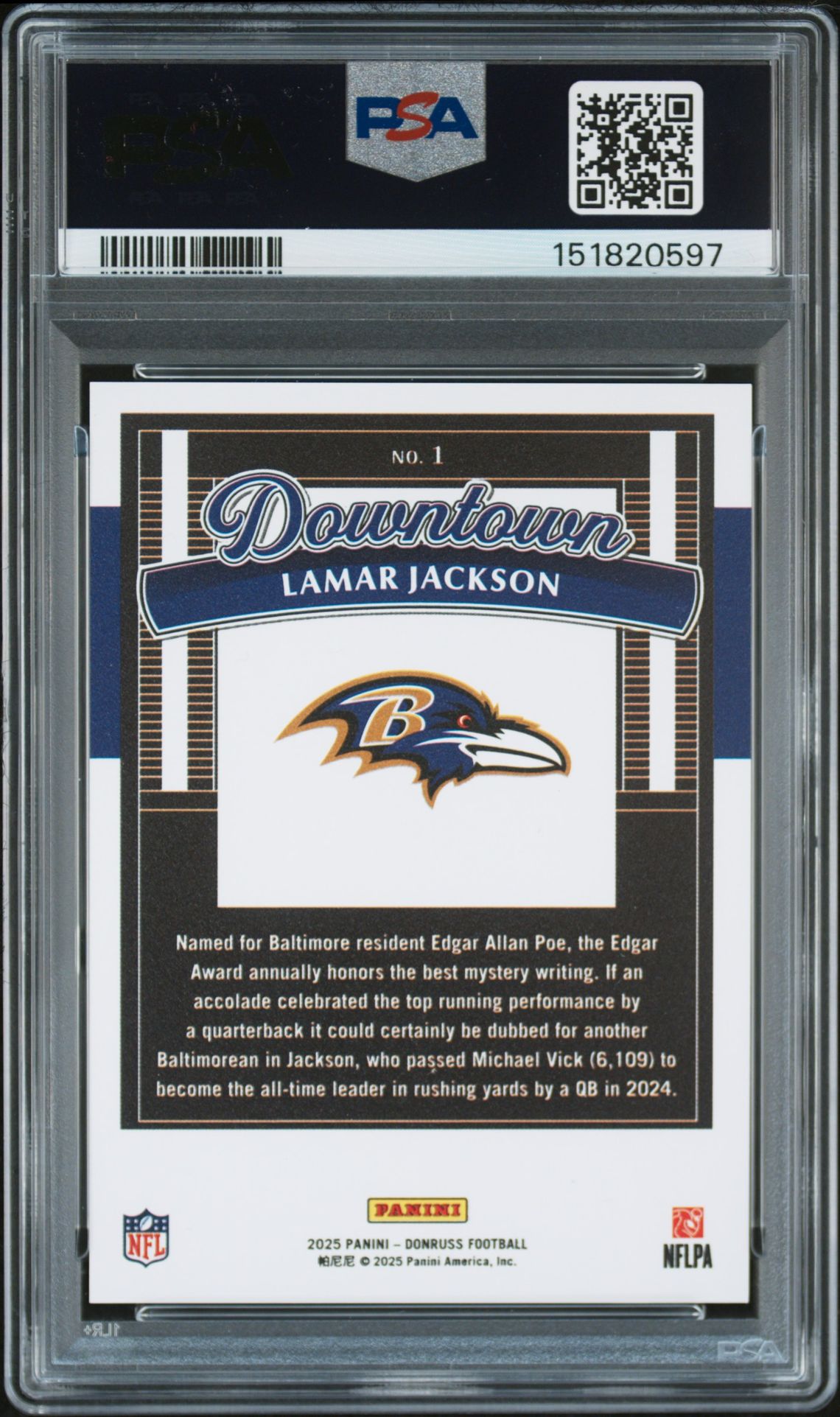 2025 Panini Donruss Downtown Lamar Jackson #1 Gem Mt 10 back view - PSA certificate #151820597