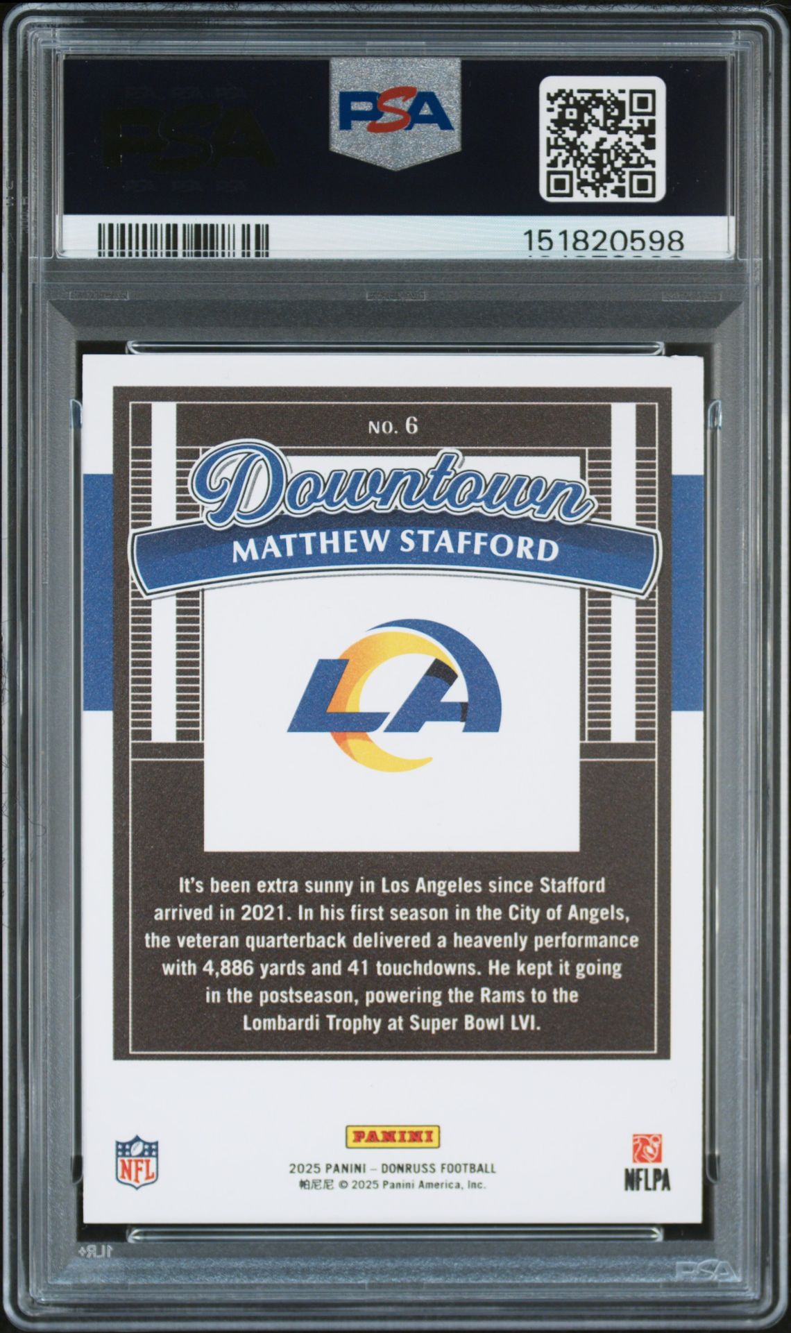 2025 PANINI DONRUSS DOWNTOWN MATTHEW STAFFORD  6 GEM MT 10 back