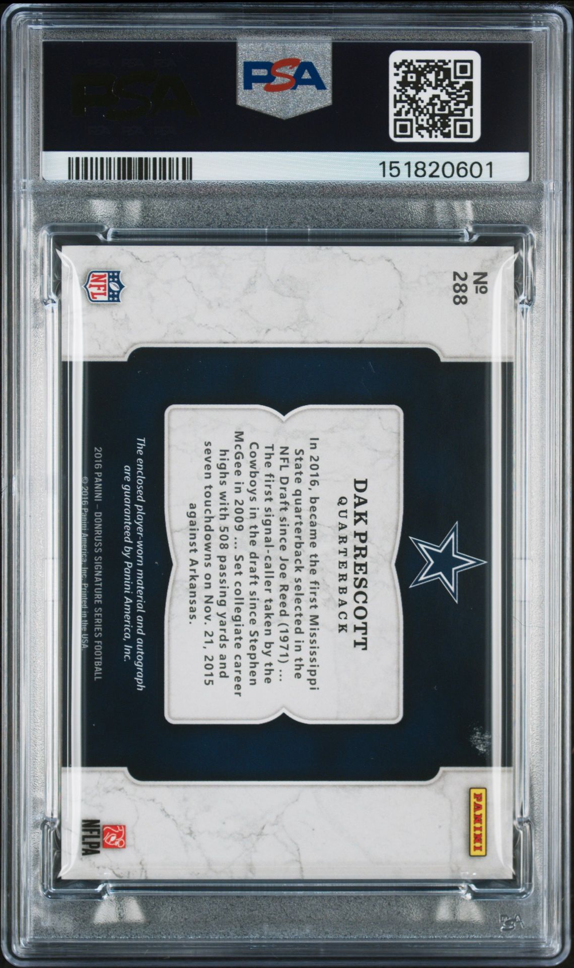 2016 Panini Donruss Signature Series Dak Prescott #288 (Jersey Signature) Nm-Mt 8 back