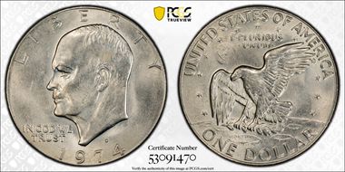 1974-D $1 FS-401, Peg Leg MS64