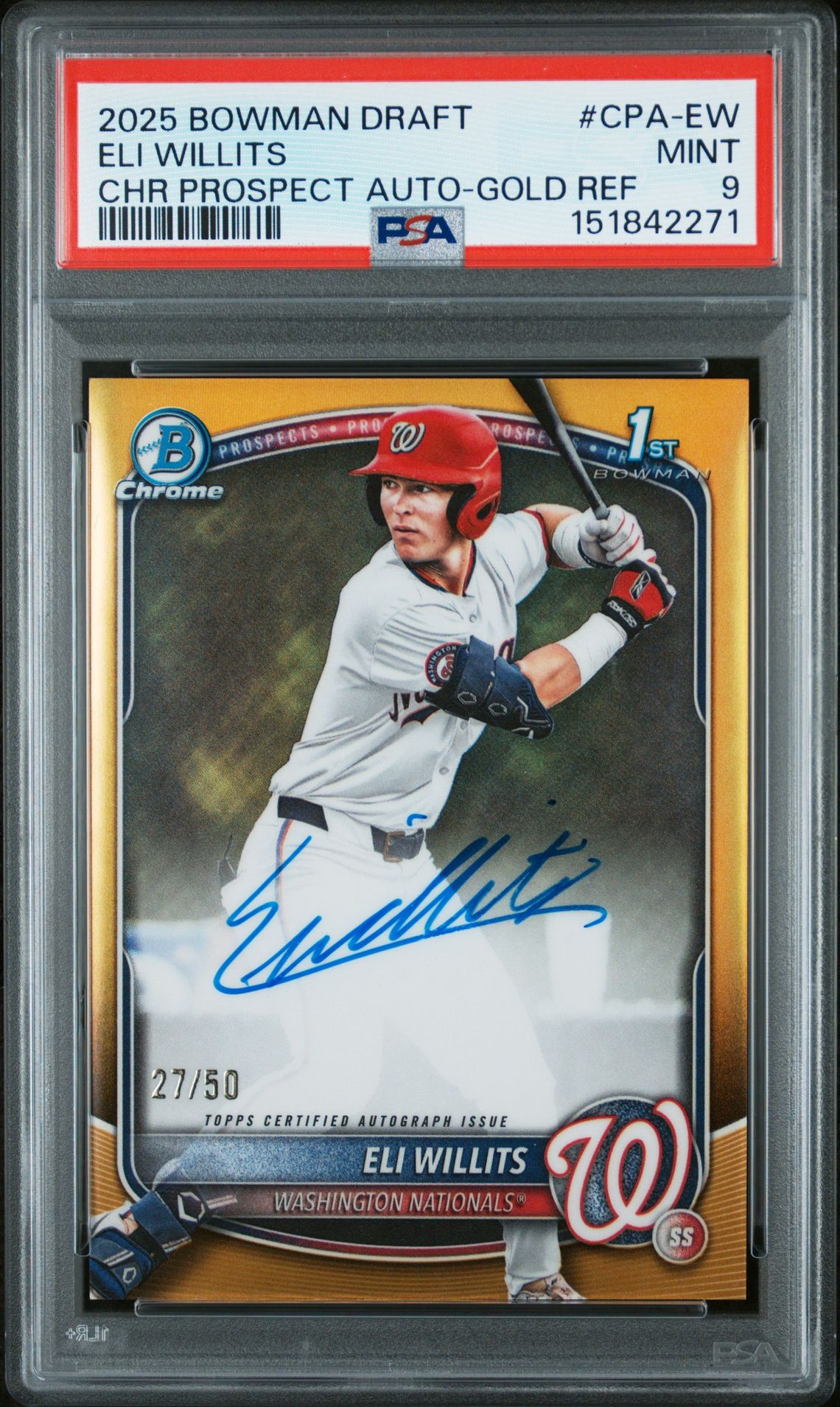 2025 Bowman BOWMAN DRAFT CHROME PROSPECT AUTOGRAPHS Gold Refractor #CPA-EW Eli Willits front