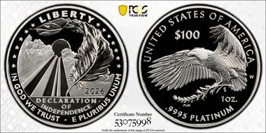 2026-W $100 Declaration of Independence First Strike PR70DCAM