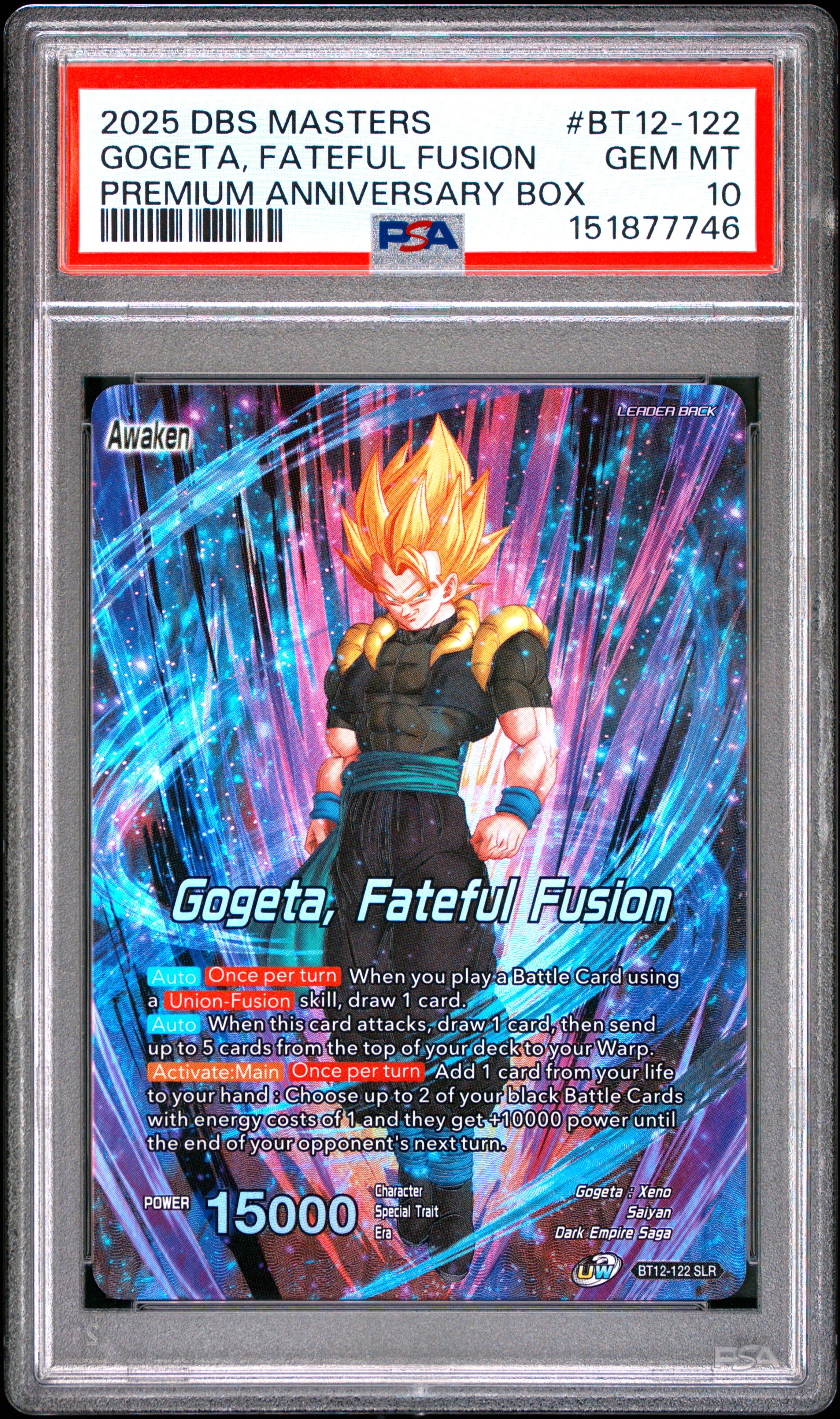 2025 #BT12-122 Gogeta, Fateful Fusion/Son Goku & Vegeta PSA 10 Dragon Ball Super Card Game Masters Premium Anniversary Box