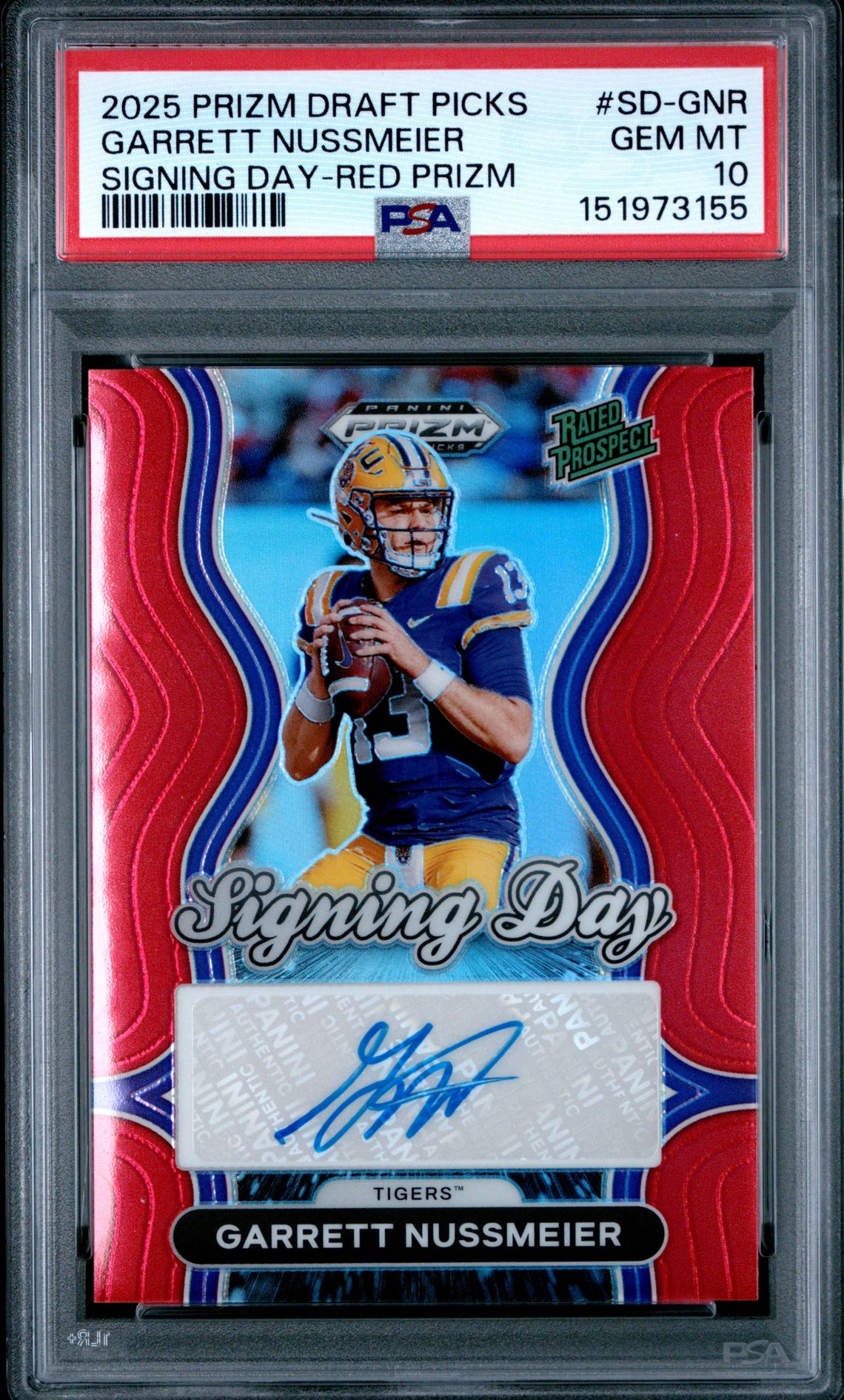 2025 Panini PANINI PRIZM DRAFT PICKS SIGNING DAY RED PRIZM #SD-GNR Garrett Nussmeier front