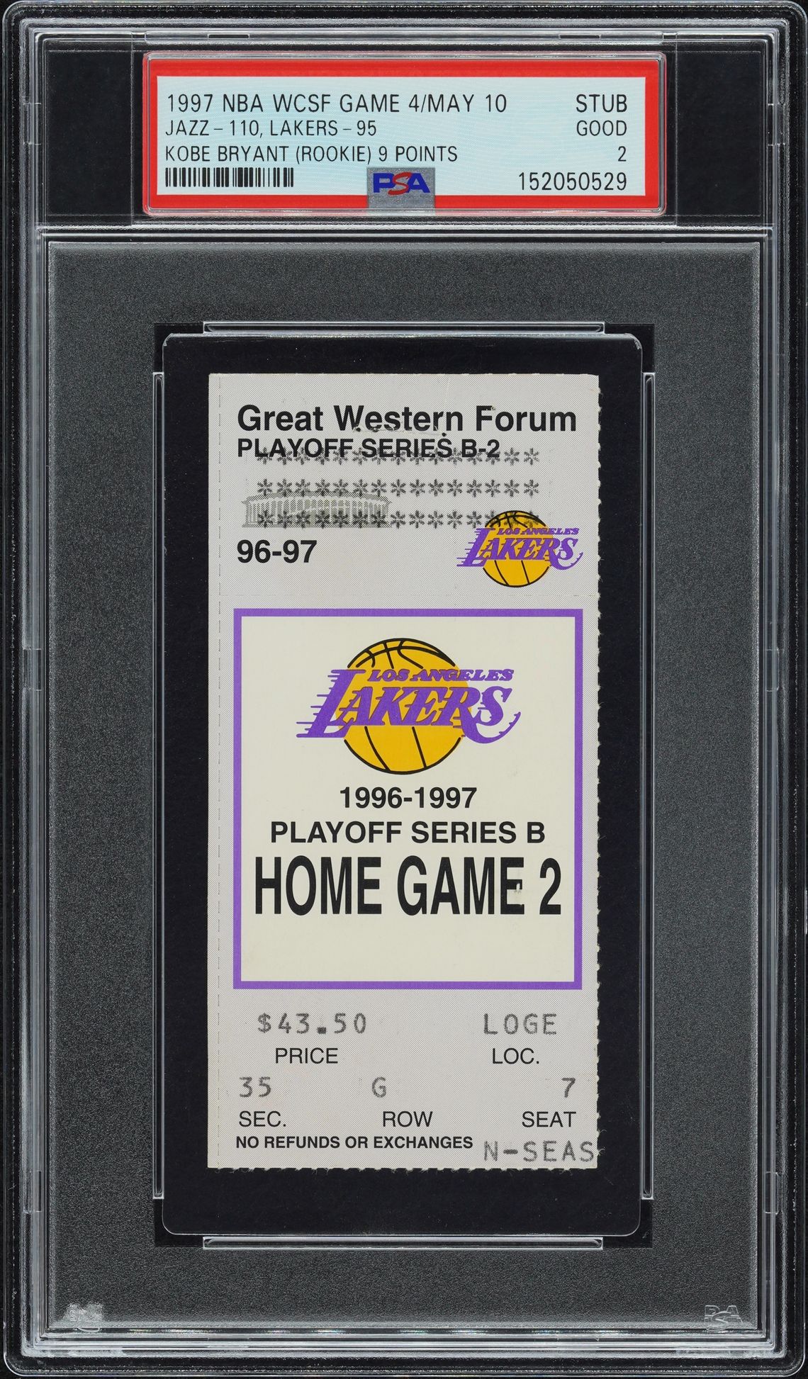 1997 NBA PLAYOFFS RND.2-STUB KOBE BRYANT (ROOKIE) 9 POINTS #STUB Jazz-110, Lakers-95 front