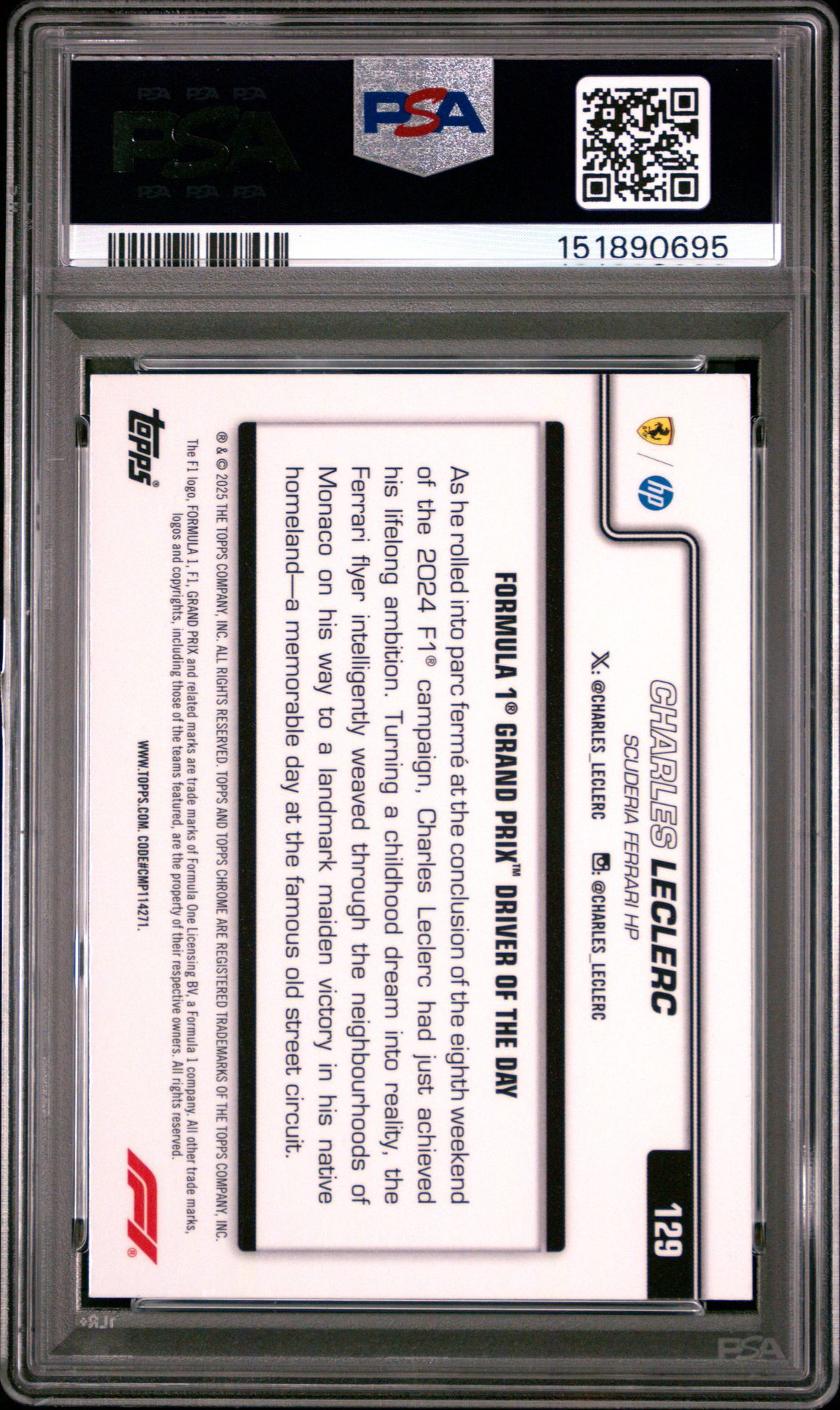 2025 Topps Chrome Formula 1 Charles Leclerc #129 (Pink Checker Flag) Mint 9 back