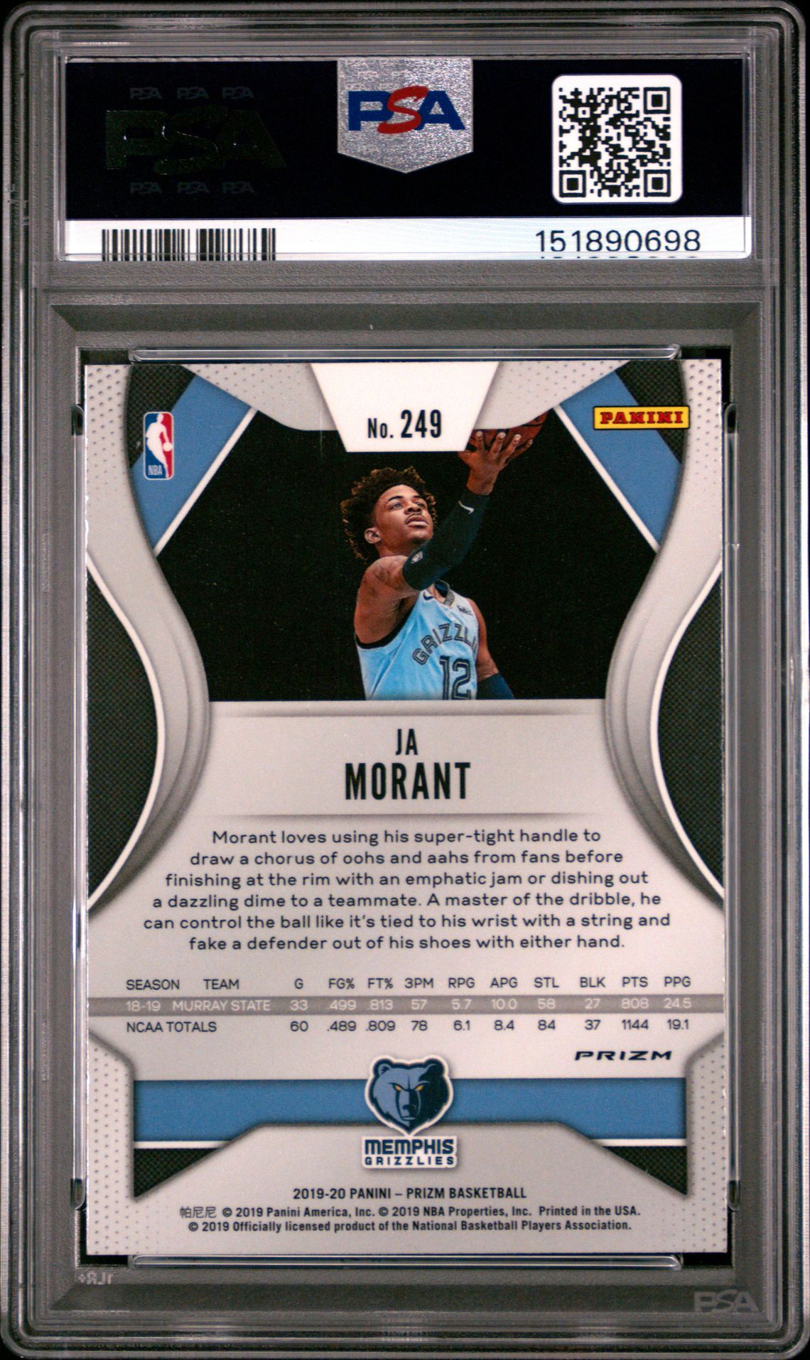 2019 Panini Prizm Ja Morant #249 (Variation-Fast Break Prizm) Mint 9 back