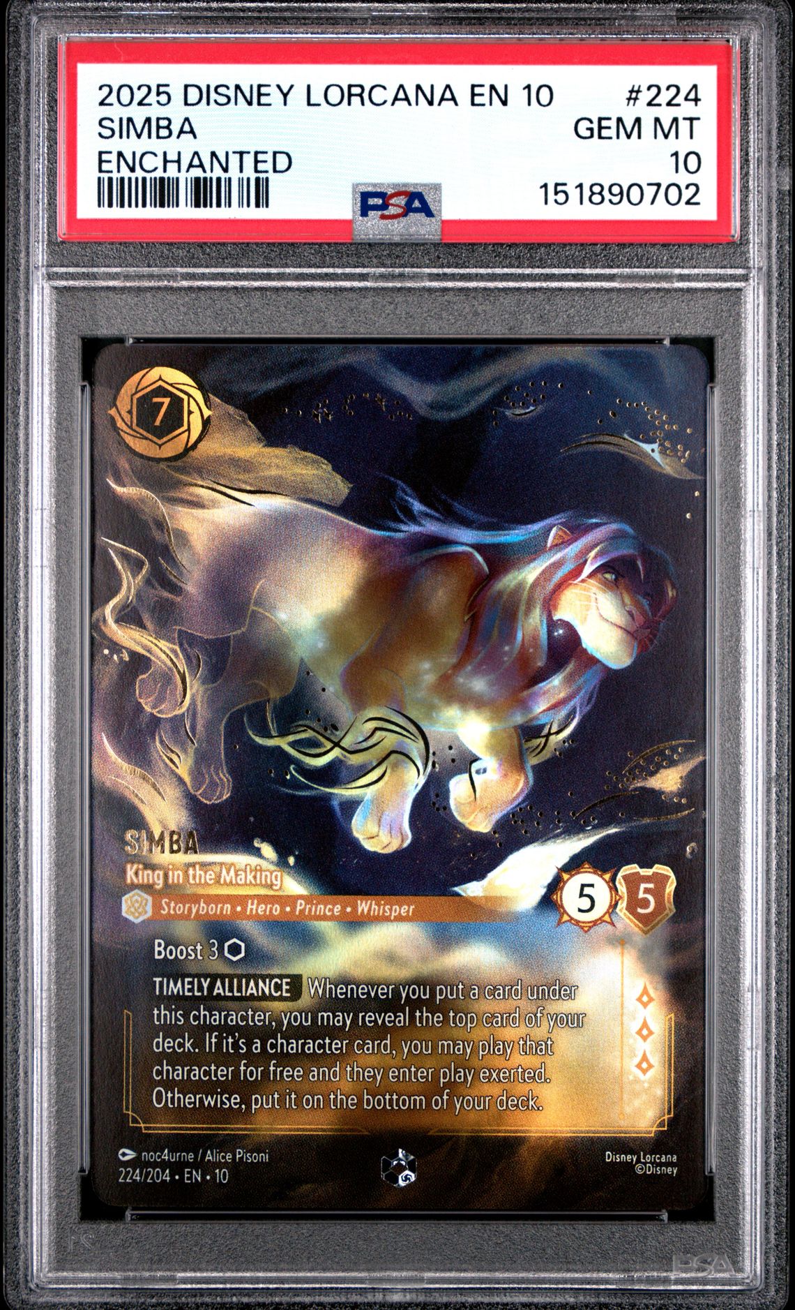 2025 Disney Lorcana En 10-Whispers In The Well Simba #224 (Enchanted) Gem Mt 10 front