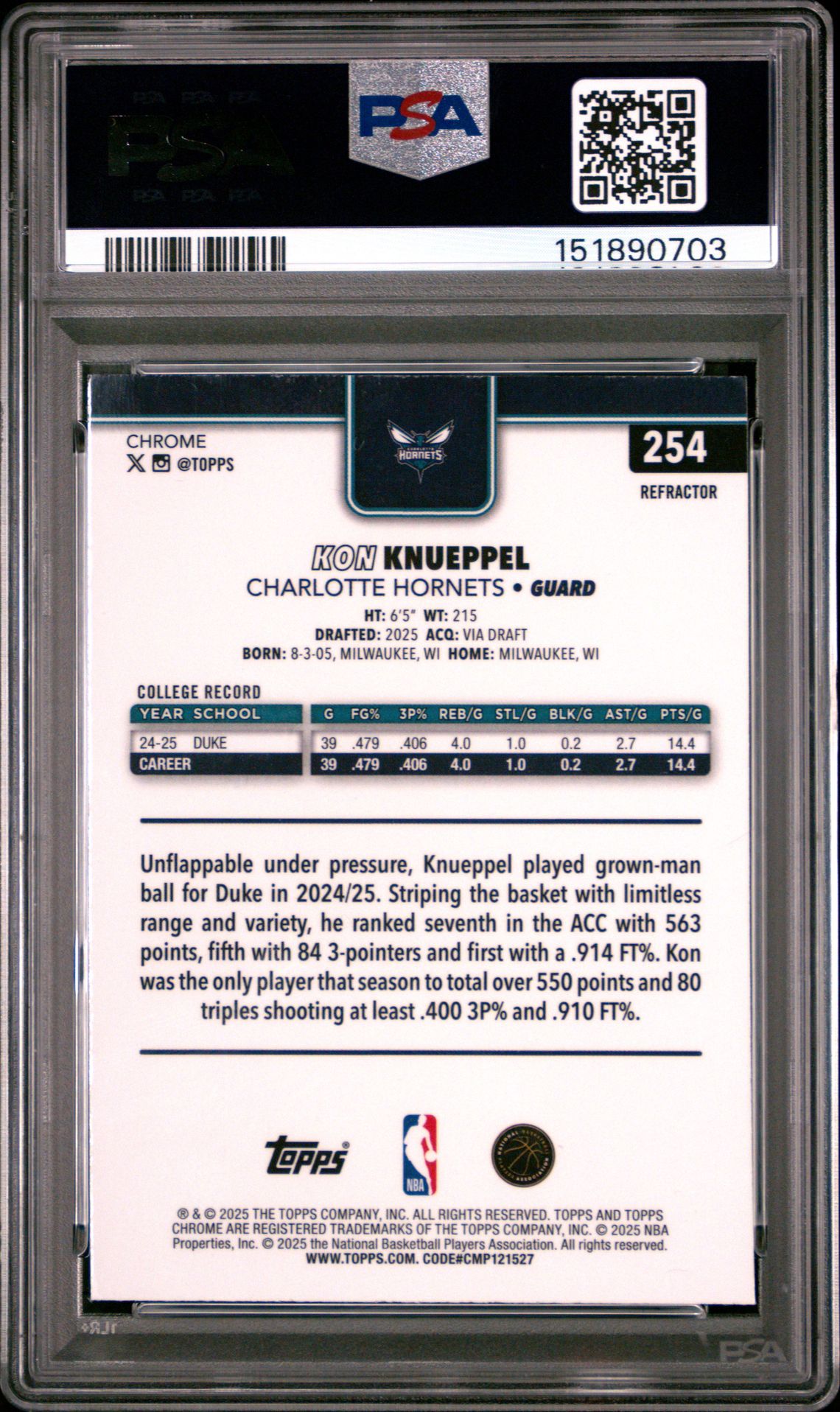 2025 Topps Chrome Kon Knueppel #254 (Refractor) Gem Mt 10 back