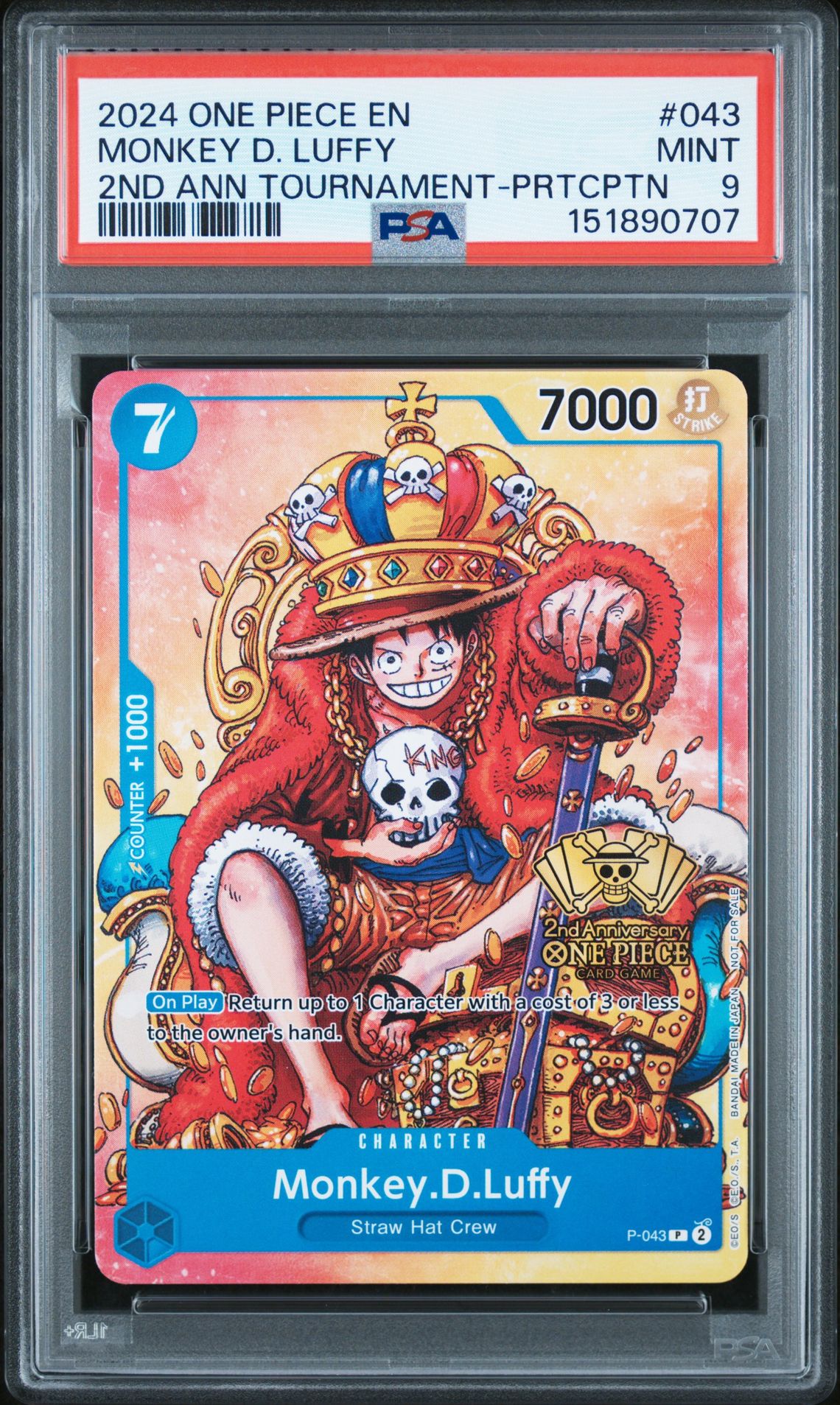 2024 One Piece Promos Monkey D. Luffy #043 (2Nd Ann Tournament-Prtcptn) Mint 9 front
