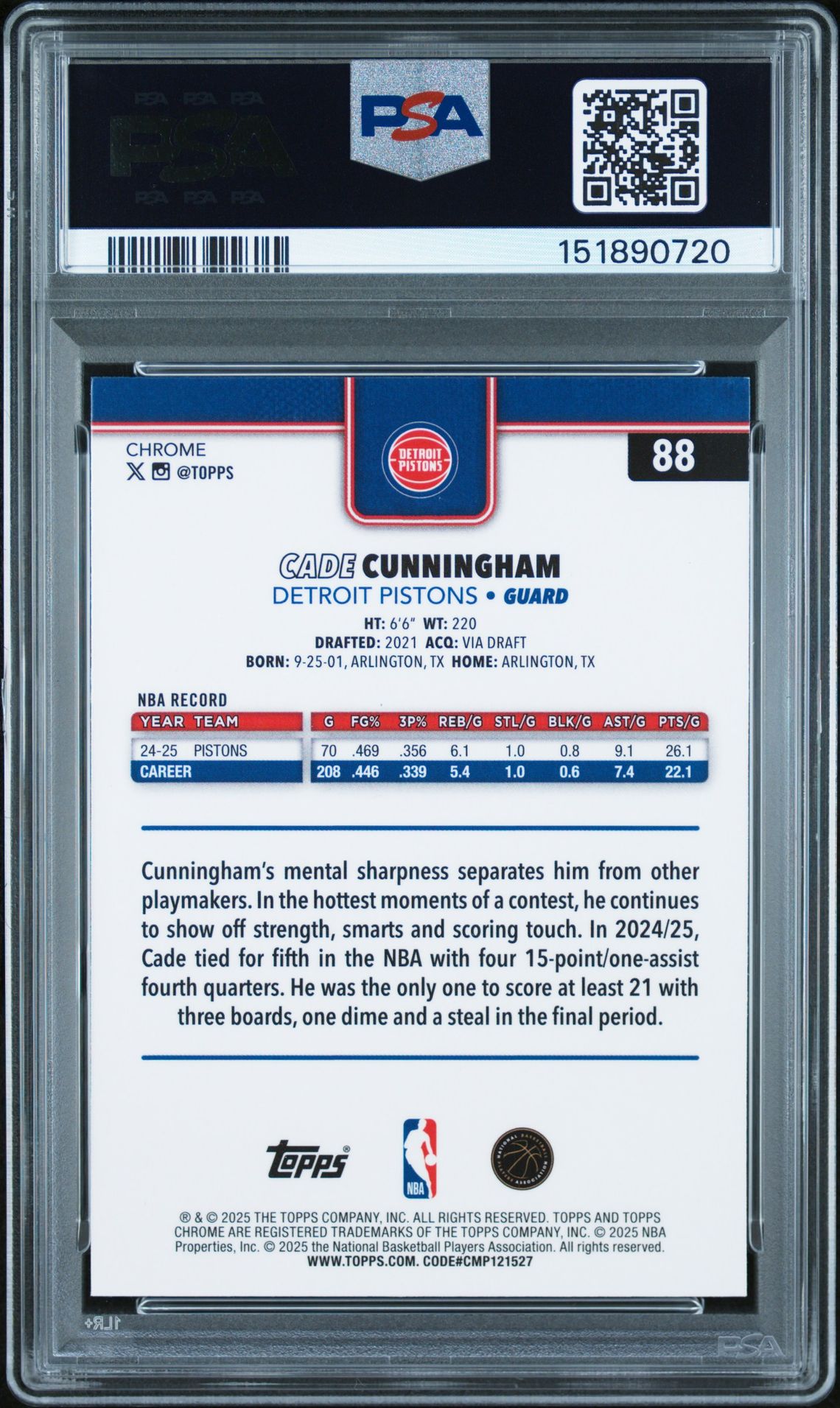 2025 Topps Chrome Cade Cunningham #88 (Blue Raywave) Mint 9 back