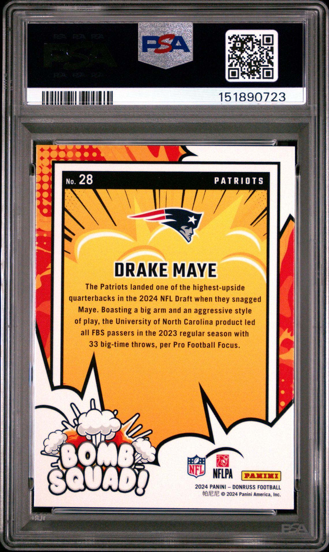 2024 Panini Donruss Bomb Squad Drake Maye #28 Gem Mt 10 back