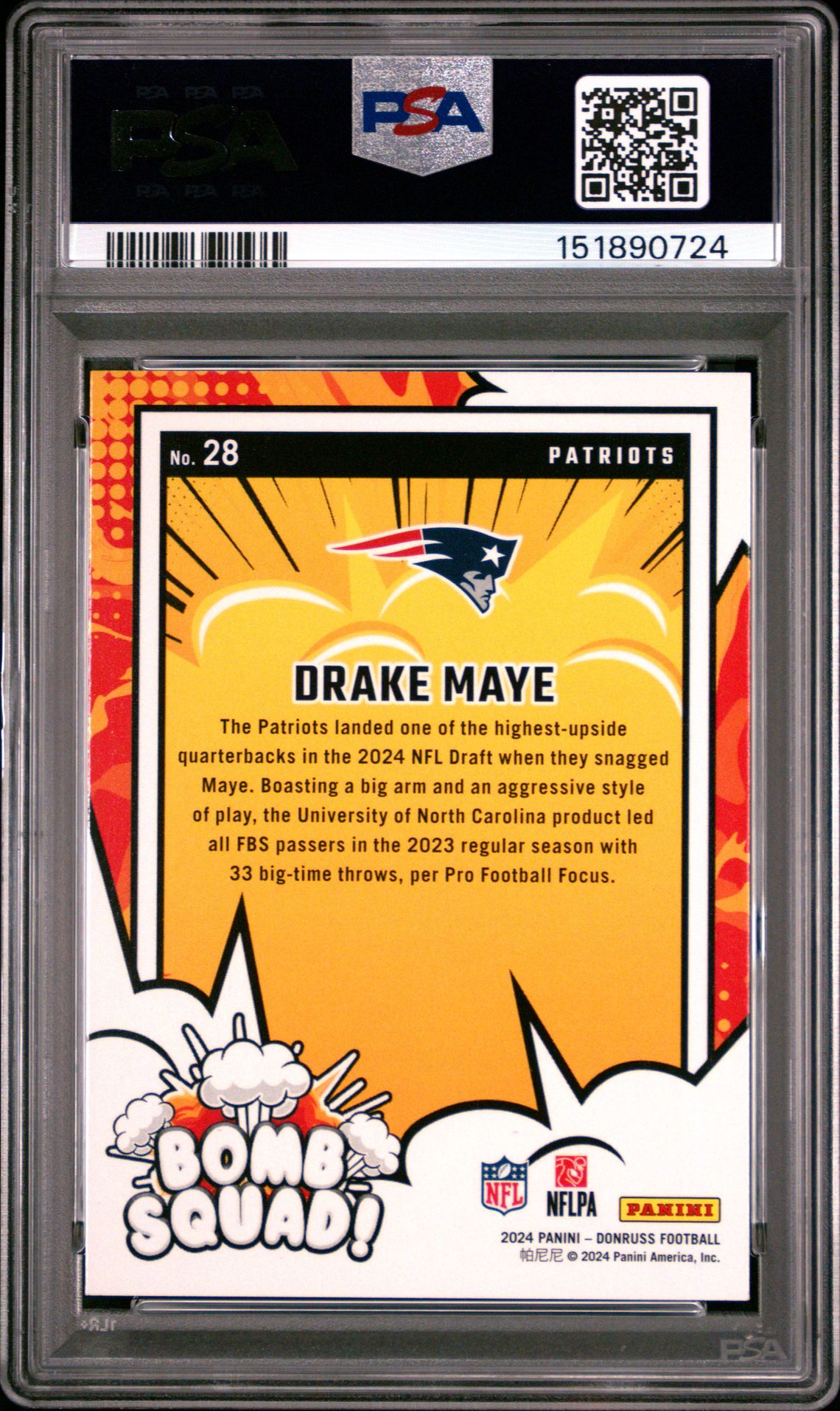 2024 Panini Donruss Bomb Squad Drake Maye #28 Gem Mt 10 back