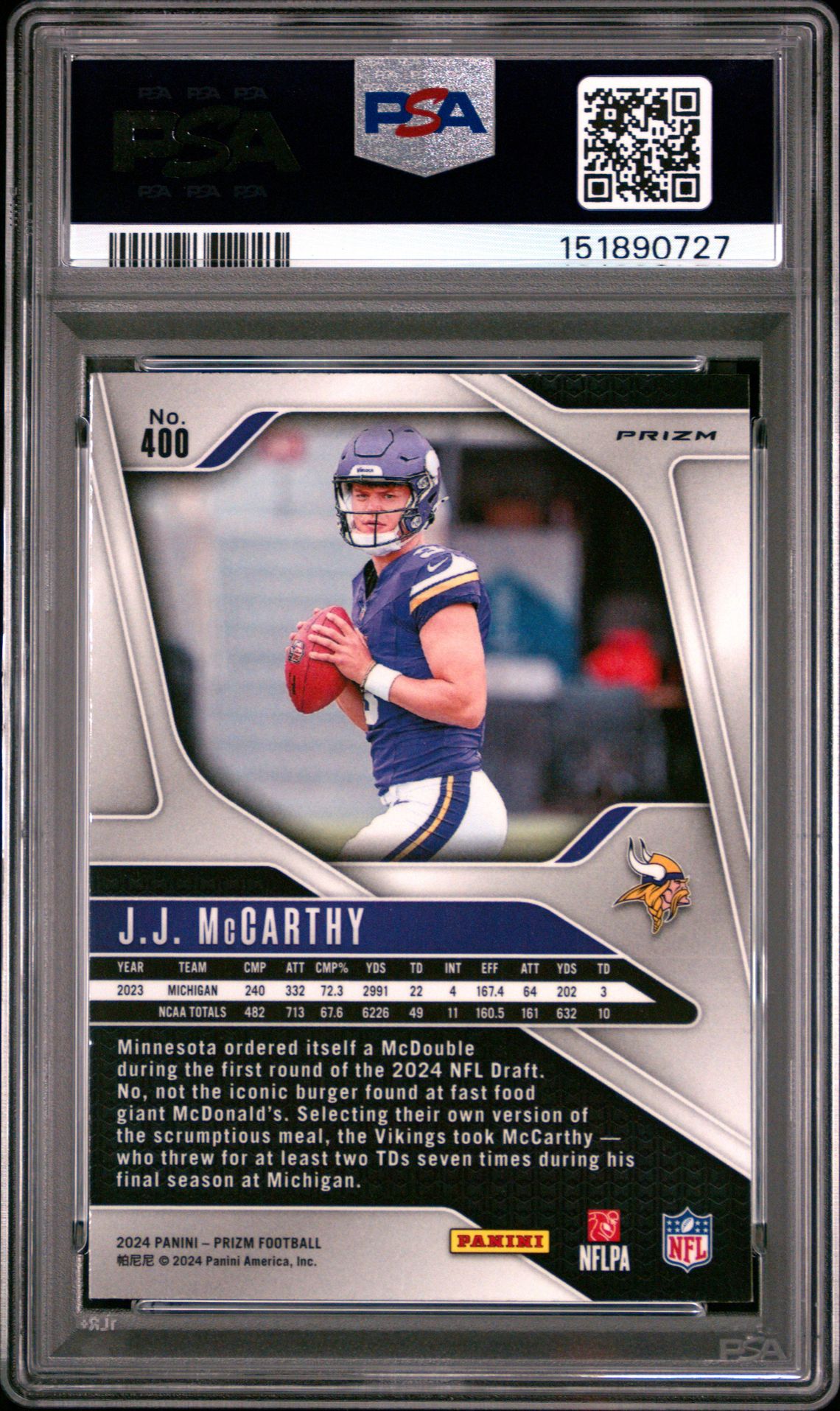2024 Panini Prizm Jj Mccarthy #400 (Silver Prizm) Gem Mt 10 back
