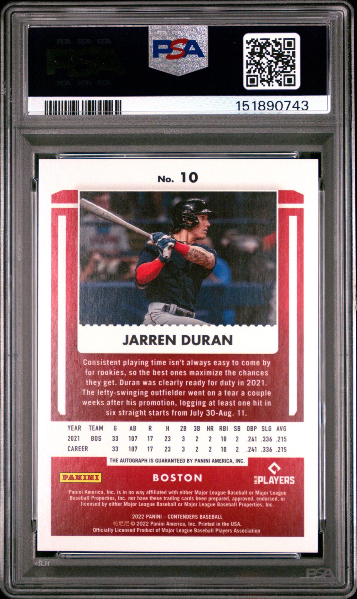 2022 Panini Chronicles Contenders Rookie Ticket Autographs Jarren Duran #10 (Cont.r/T Au-Playoff) Mint 9 back