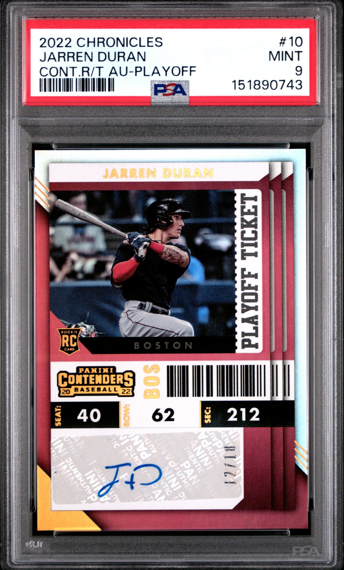 2022 Panini Chronicles Contenders Rookie Ticket Autographs Jarren Duran #10 (Cont.r/T Au-Playoff) Mint 9 front