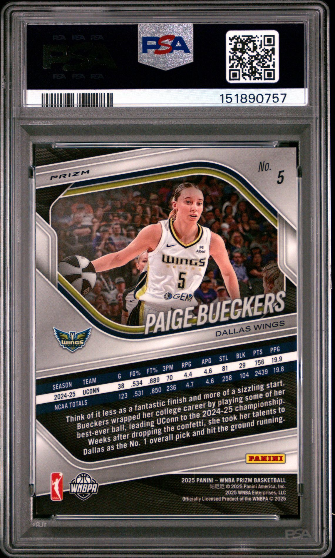 2025 Panini Prizm Wnba Paige Bueckers #5 (Wnba Logo Prizm) Gem Mt 10 back