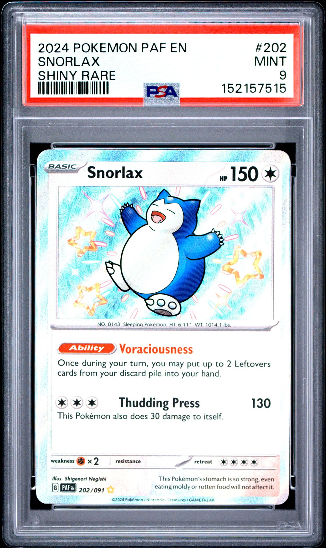 2024 Pokemon Paf En-Paldean Fates Snorlax #202 (Shiny Rare) Mint 9 front