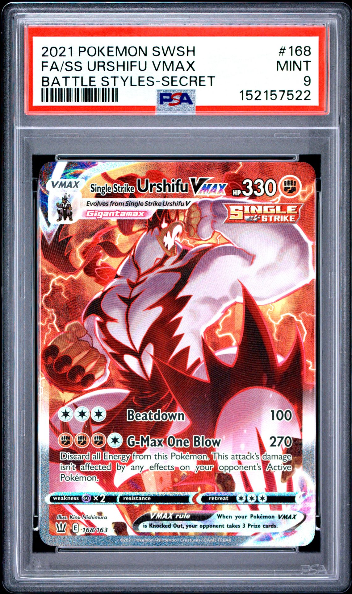 2021 Pokemon Sword & Shield Battle Styles Fa/Ss Urshifu Vmax #168 (Battle Styles-Secret) Mint 9 front
