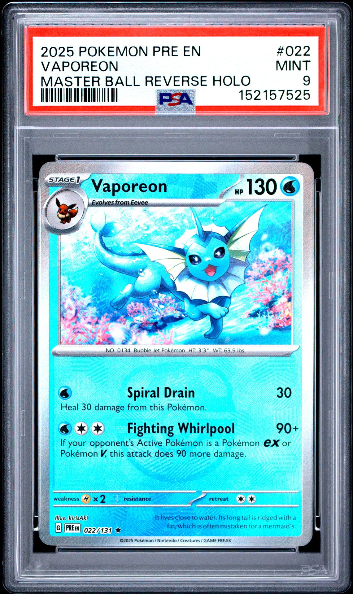 2025 Pokemon Pre En-Prismatic Evolutions Vaporeon #022 (Master Ball Reverse Holo) Mint 9 front