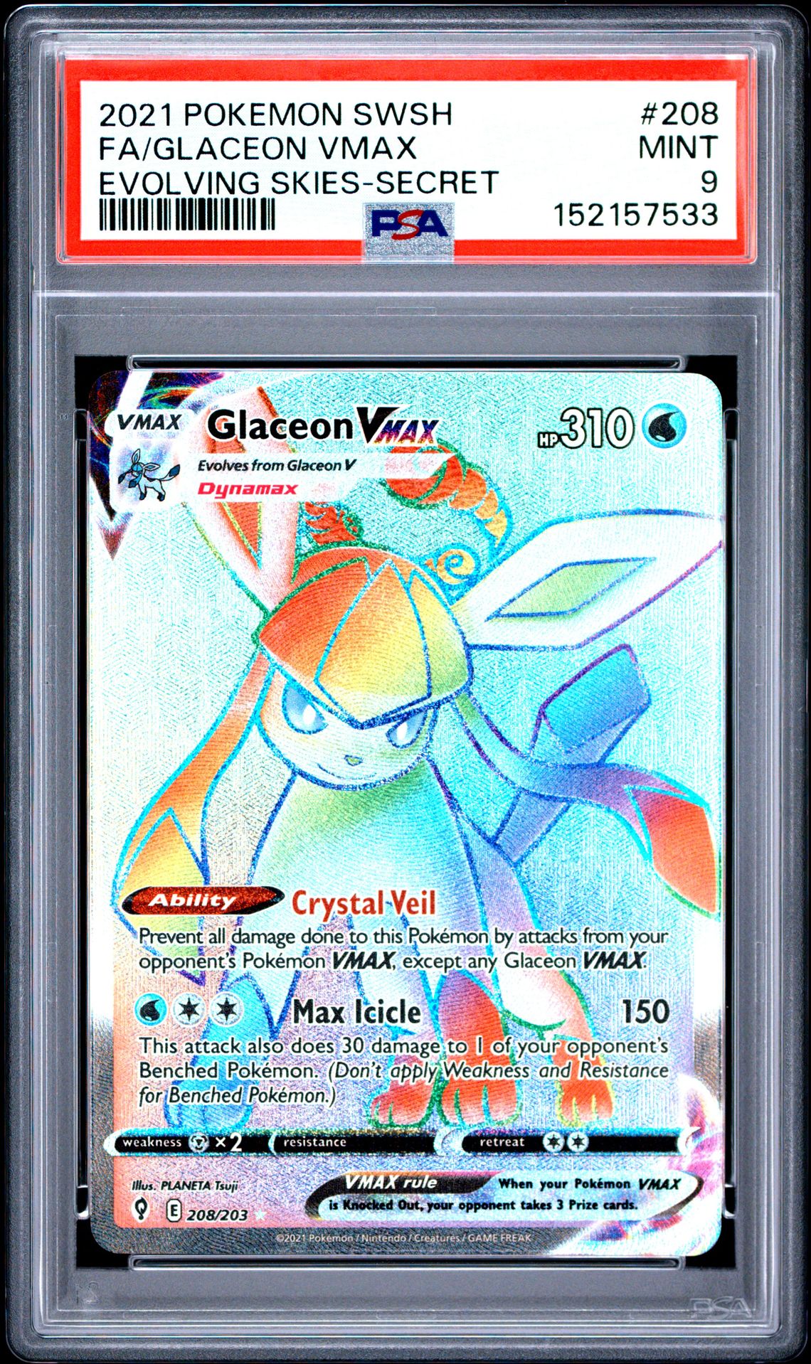 2021 Pokemon Sword & Shield Evolving Skies Fa/Glaceon Vmax #208 (Evolving Skies-Secret) Mint 9 front