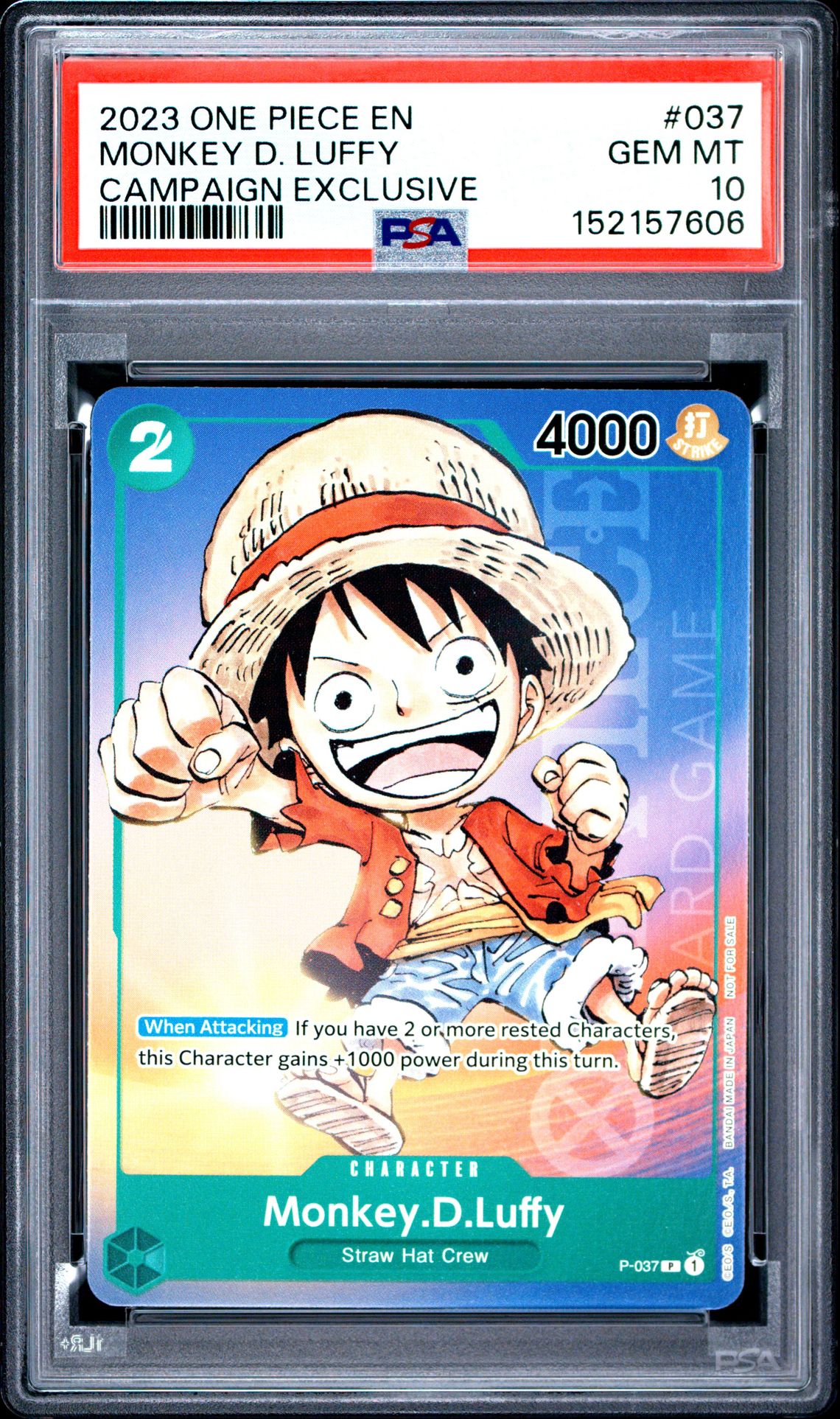 2023 One Piece Promos Monkey D. Luffy #037 (Campaign Exclusive) Gem Mt 10 front