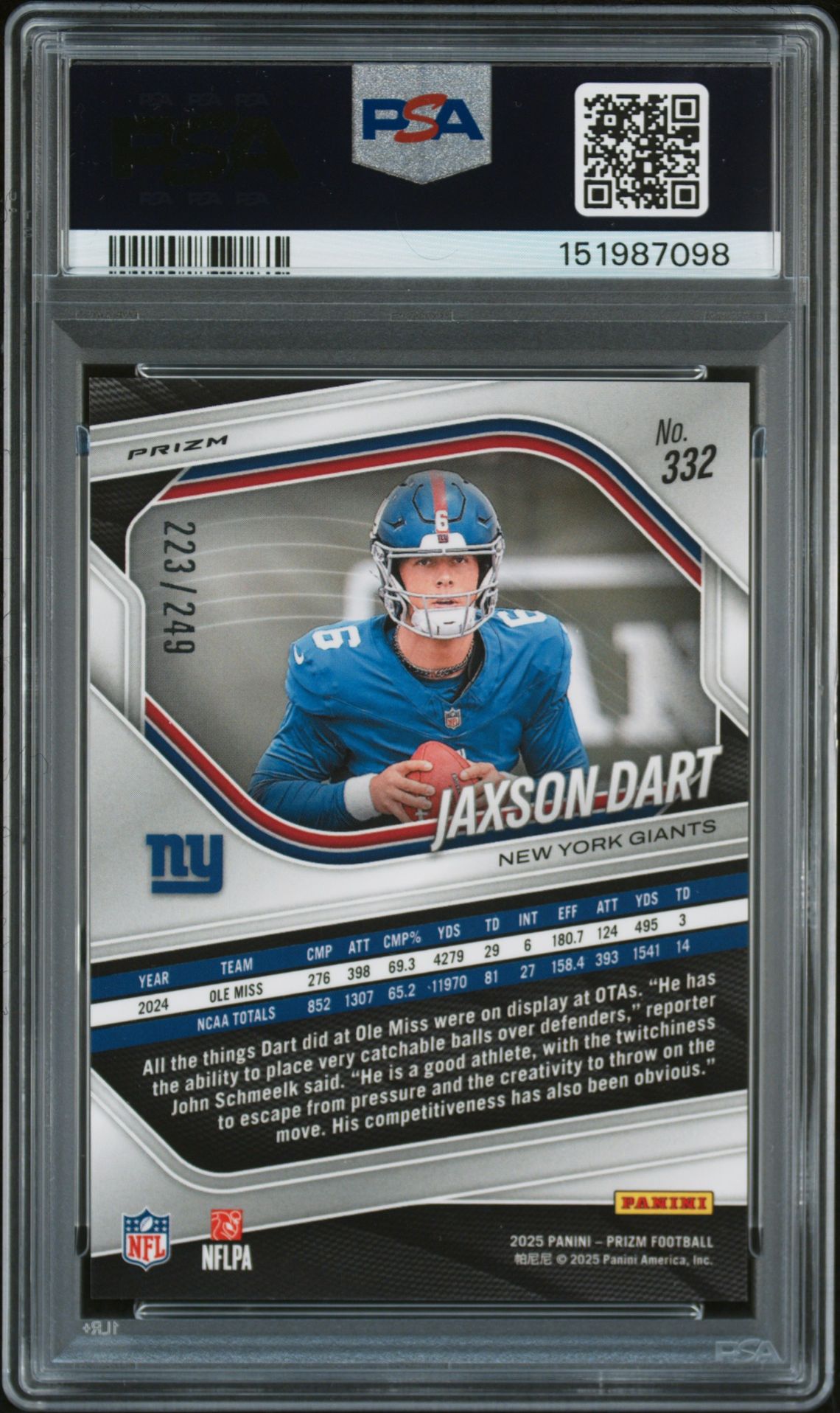 2025 Panini Prizm Jaxson Dart #332 (Orange Prizm) Mint 9 back