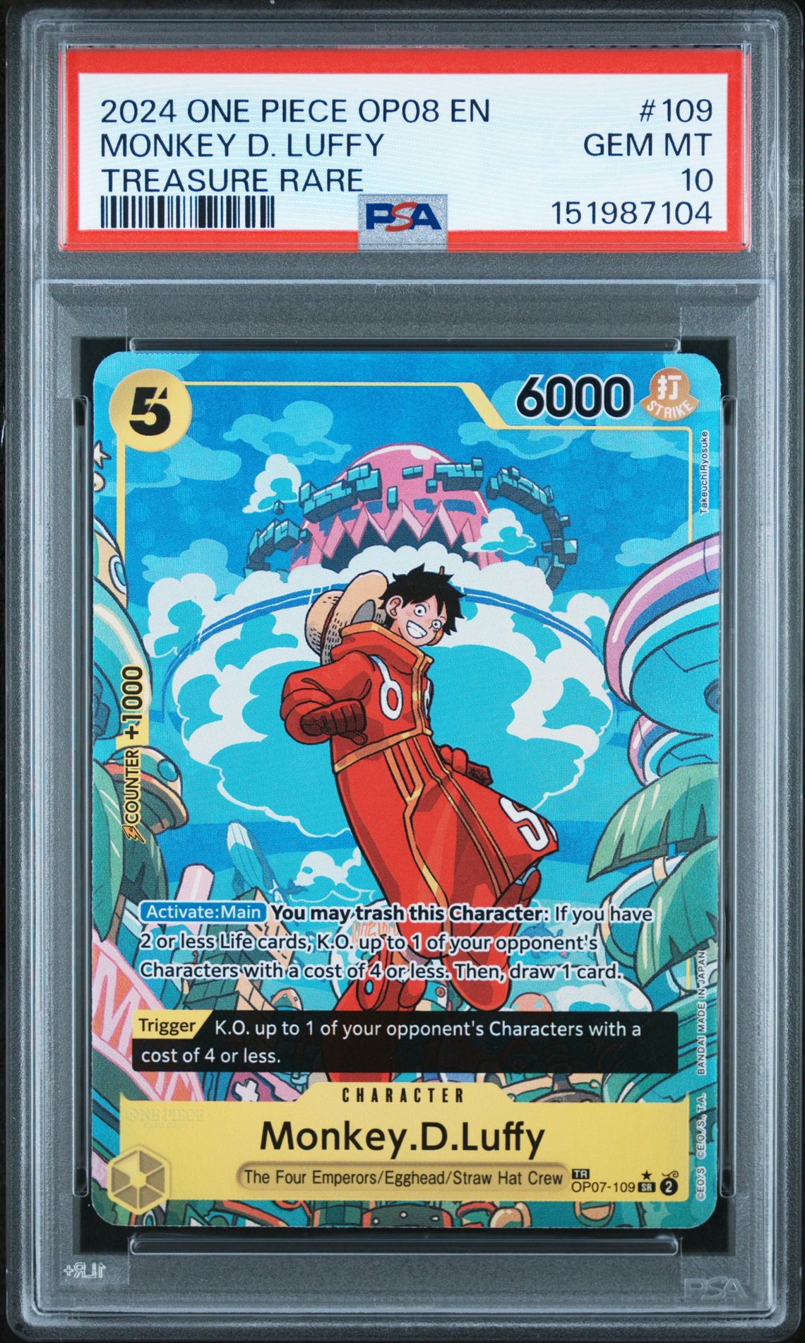 2024 One Piece Op08-Two Legends Monkey D. Luffy #109 (Treasure Rare) Gem Mt 10 front view - PSA graded GEM MT 10