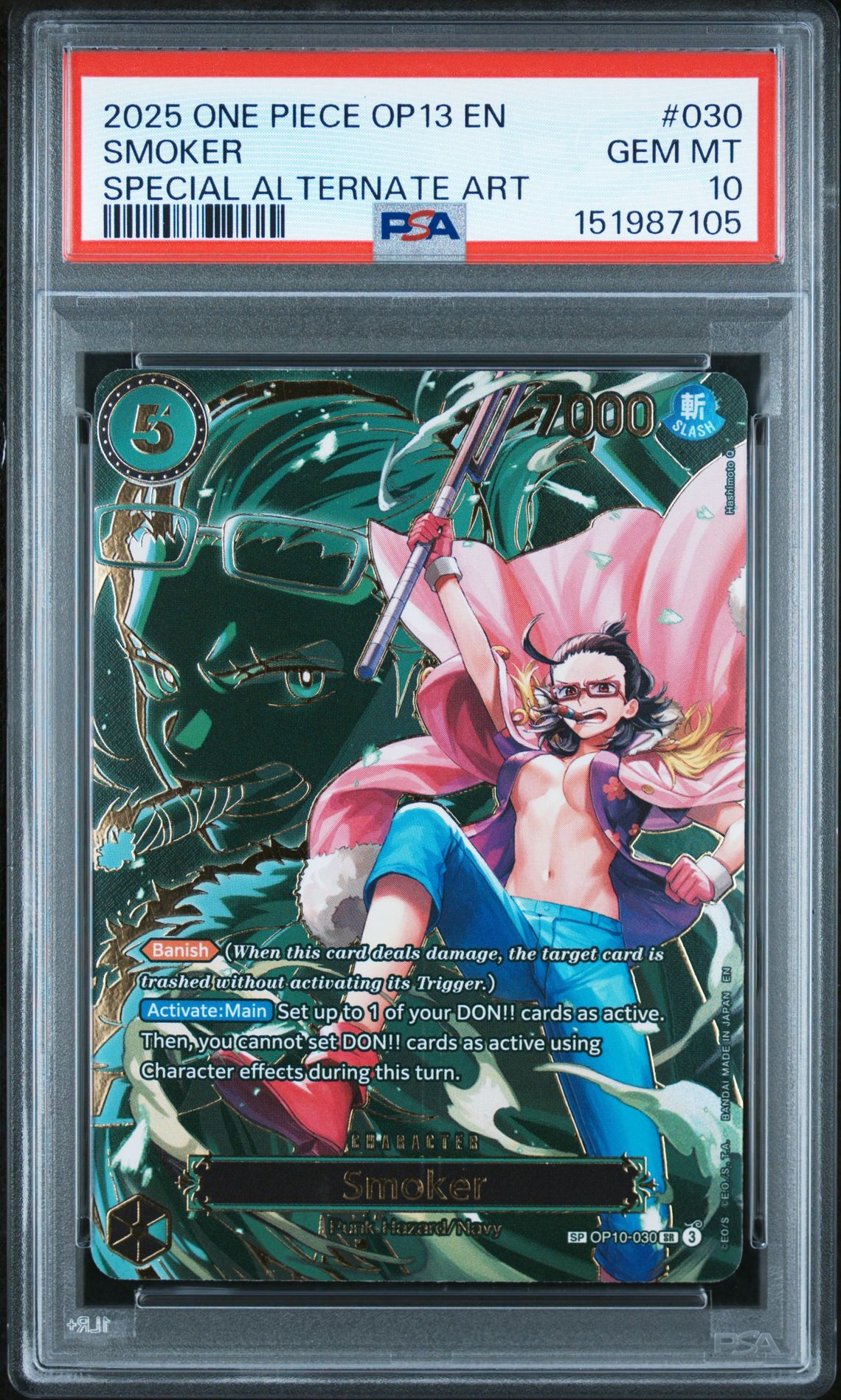 2025 One Piece Op13-Carrying On His Will Smoker #030 (Special Alternate Art) Gem Mt 10 front view - PSA graded GEM MT 10