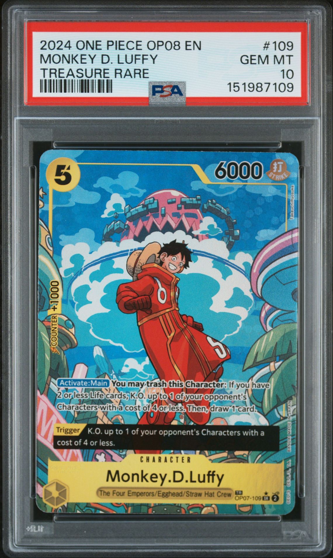 2024 One Piece Op08-Two Legends Monkey D. Luffy #109 (Treasure Rare) Gem Mt 10 front view - PSA graded GEM MT 10
