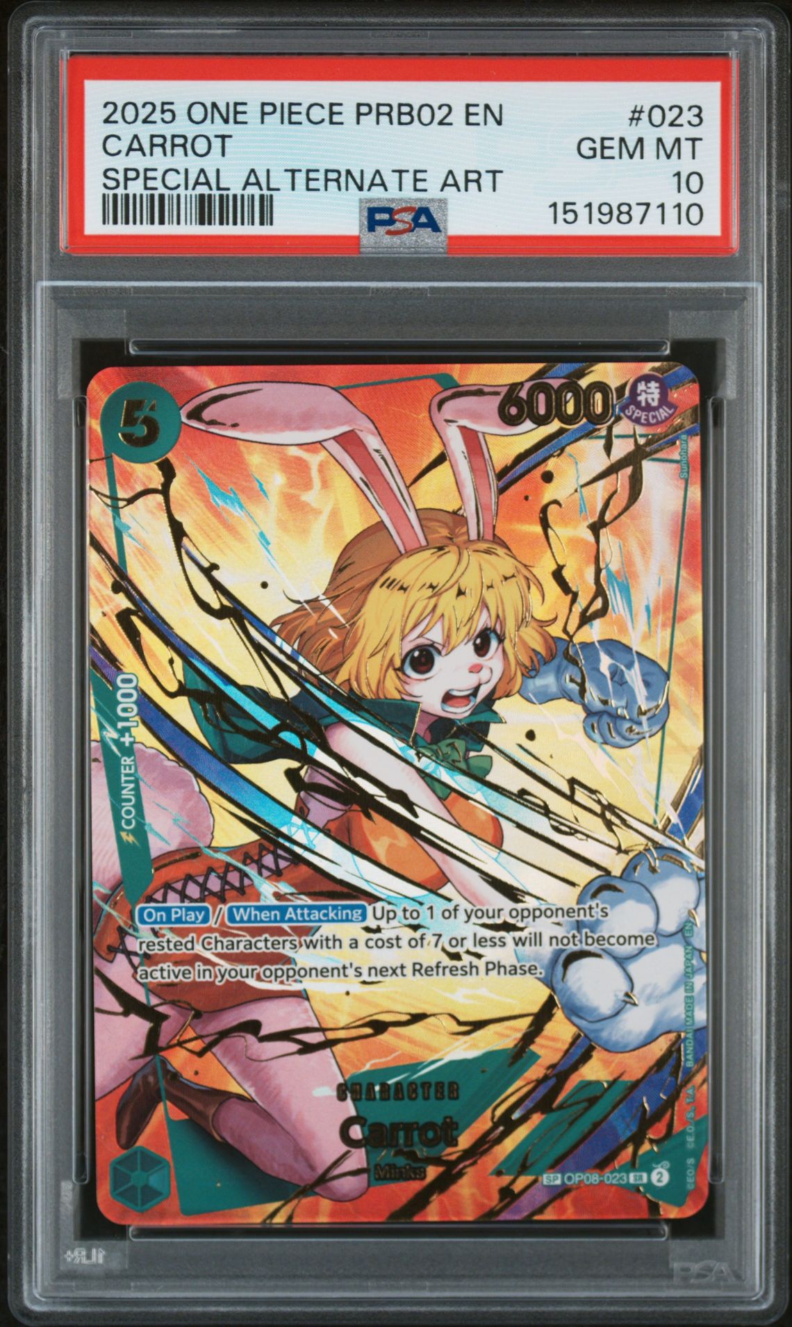 2025 One Piece Prb02-Premium Booster -One Piece Card The Best- Vol.2 Carrot #023 (Special Alternate Art) Gem Mt 10 front view - PSA graded GEM MT 10