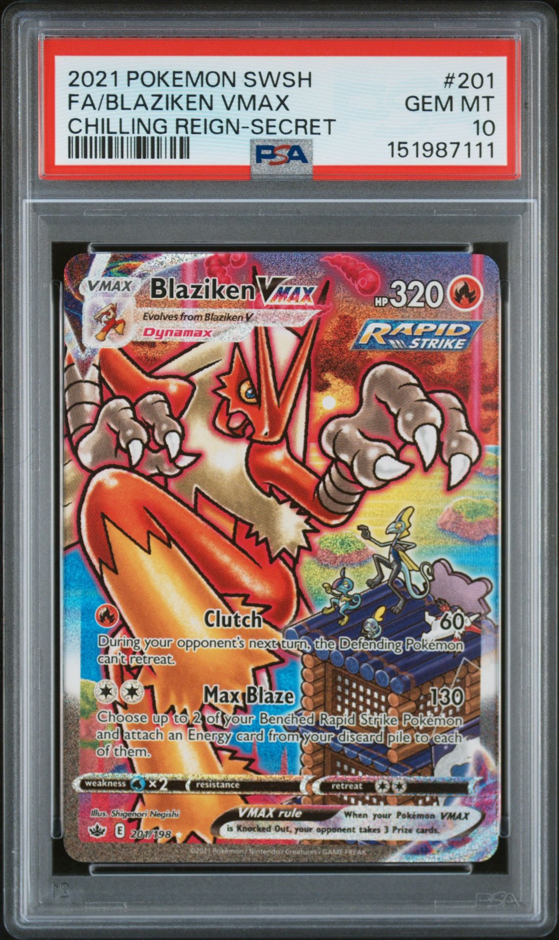 2021 Pokemon Sword & Shield Chilling Reign Fa/Blaziken Vmax #201 (Chilling Reign-Secret) Gem Mt 10 front view - PSA graded GEM MT 10