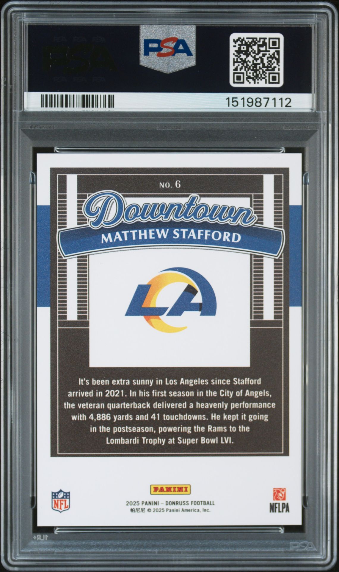 2025 Panini Donruss Downtown Matthew Stafford #6 Gem Mt 10 back view - PSA certificate #151987112