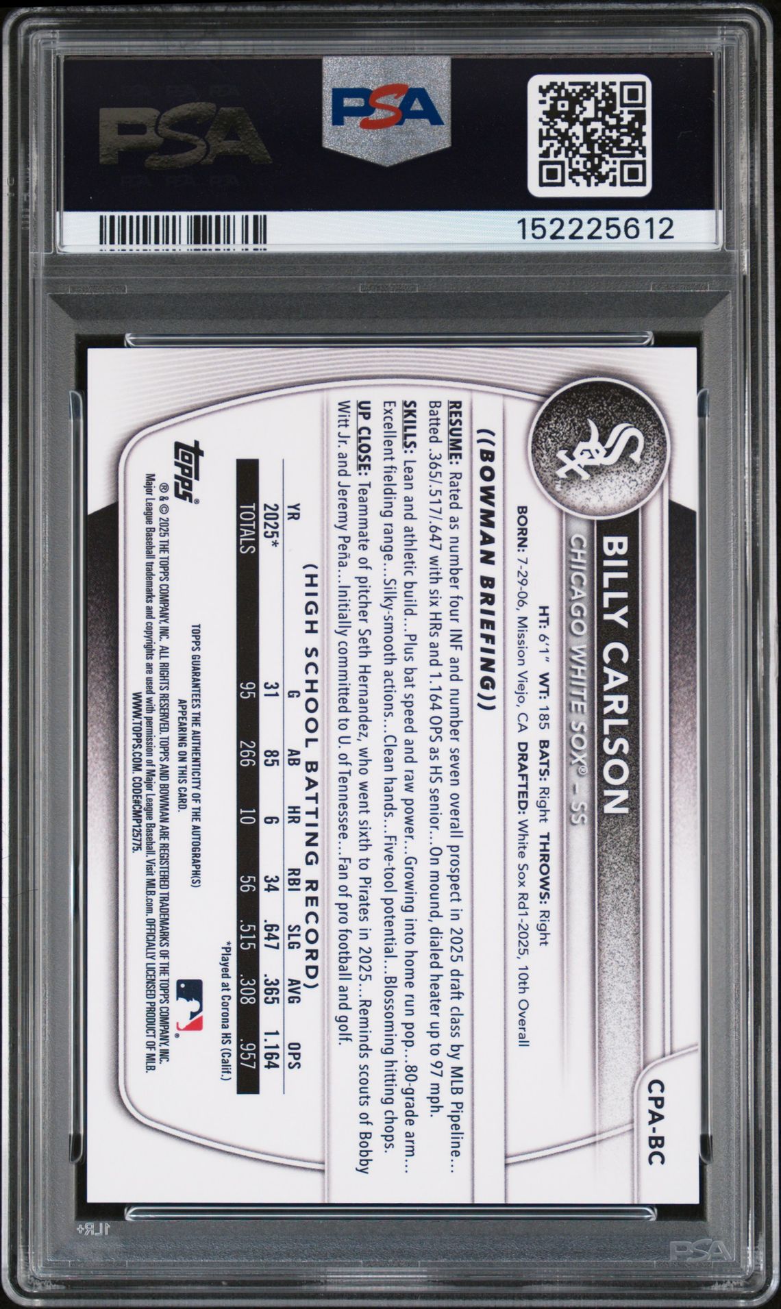 2025 Bowman Draft Chrome Prospect Autographs Billy Carlson #Cpa-Bc (Chr Prospect Auto-Gold Ref) Mint 9 back