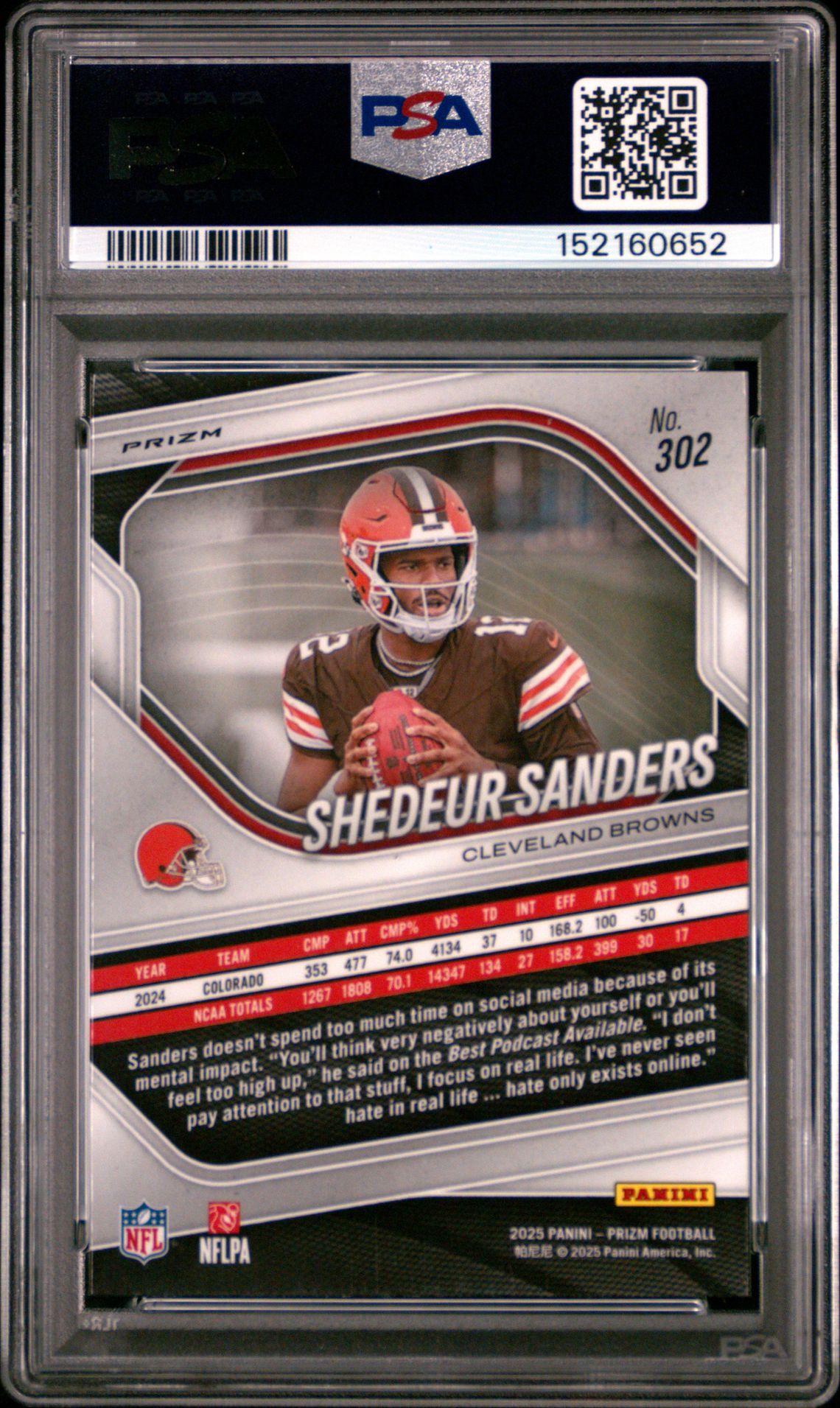 2025 PANINI PRIZM SHEDEUR SANDERS LAZER PRIZM 302 GEM MT 10 back